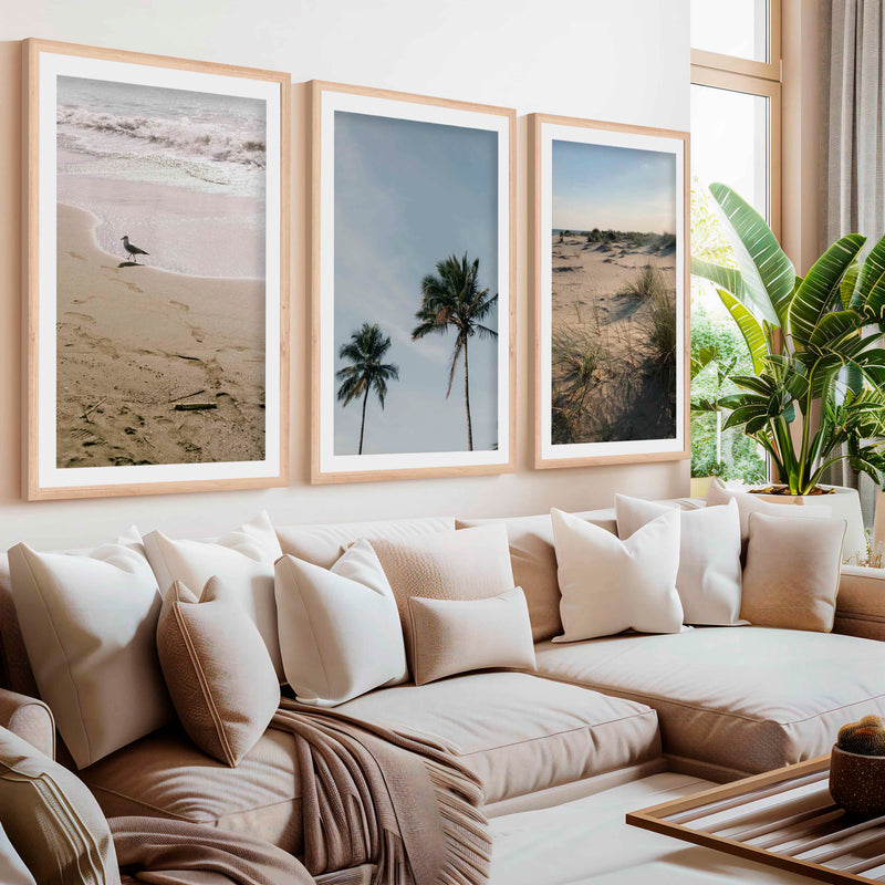 Set of 3 Framed Pictures – Minimal Beach Life Series- Natural Wood Framed Poster with White Border - Artworksets