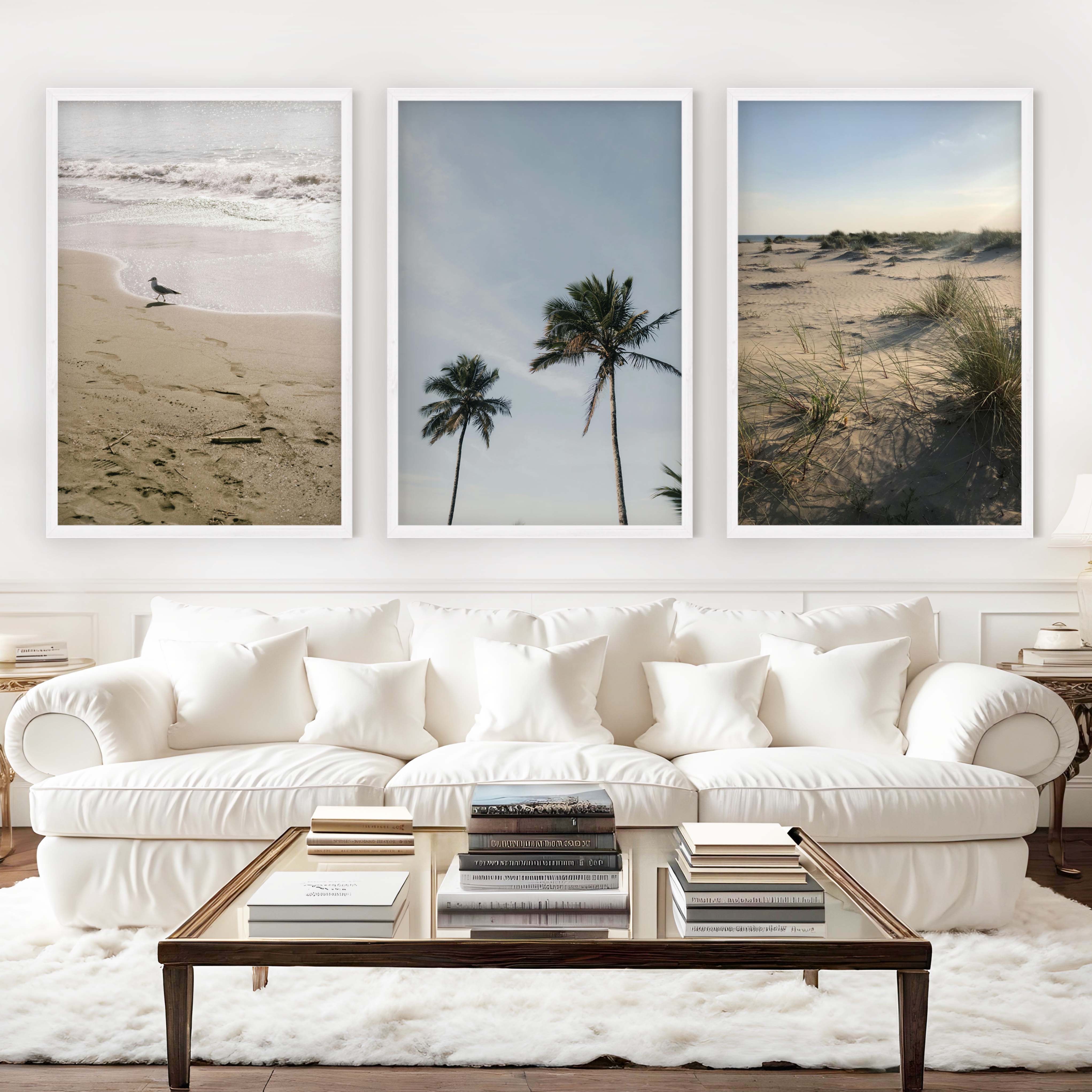 Set of 3 Framed Pictures – Minimal Beach Life Series - White Framed Poster No Border - Artworksets