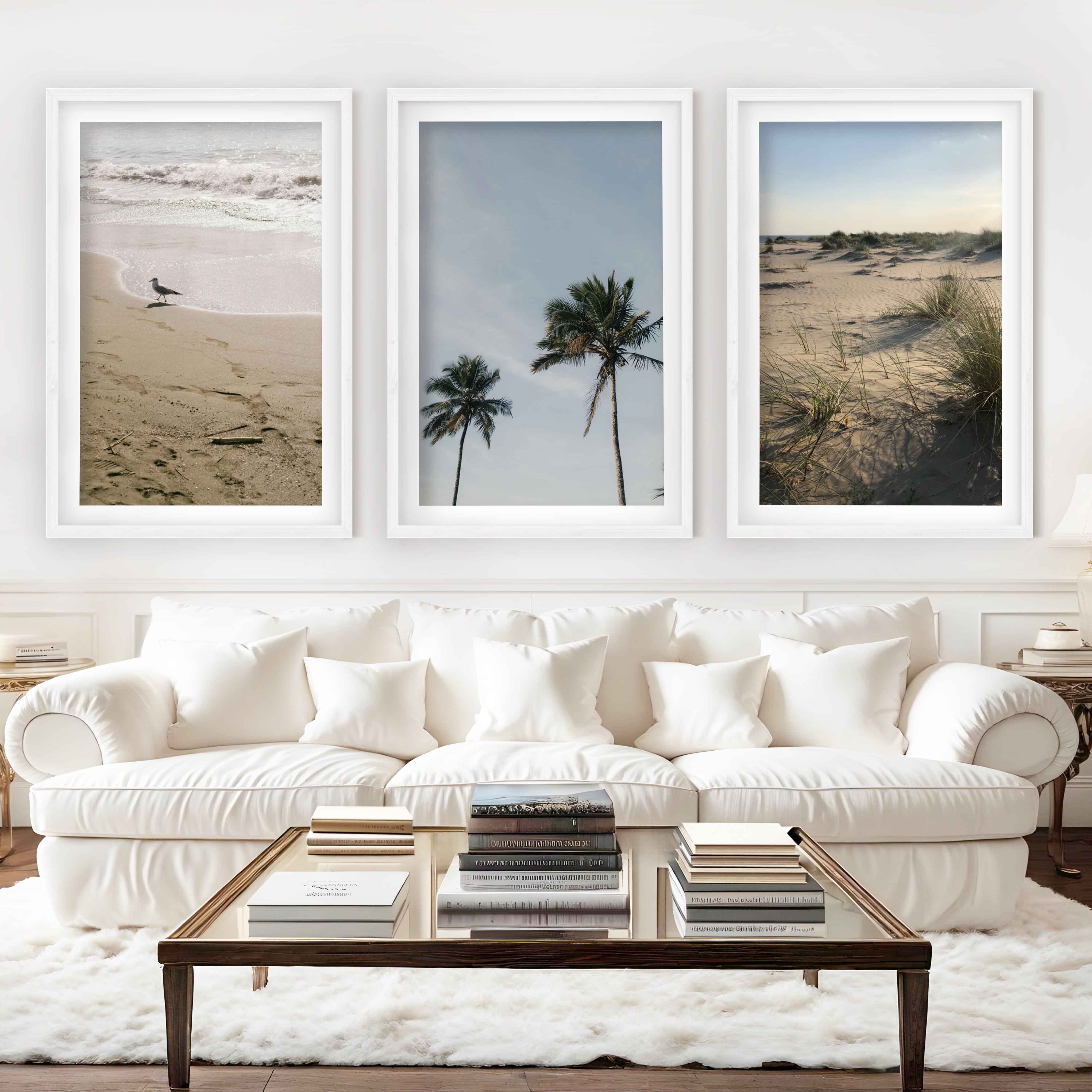 Set of 3 Framed Pictures – Minimal Beach Life Series - White Framed Poster with White Border - Artworksets