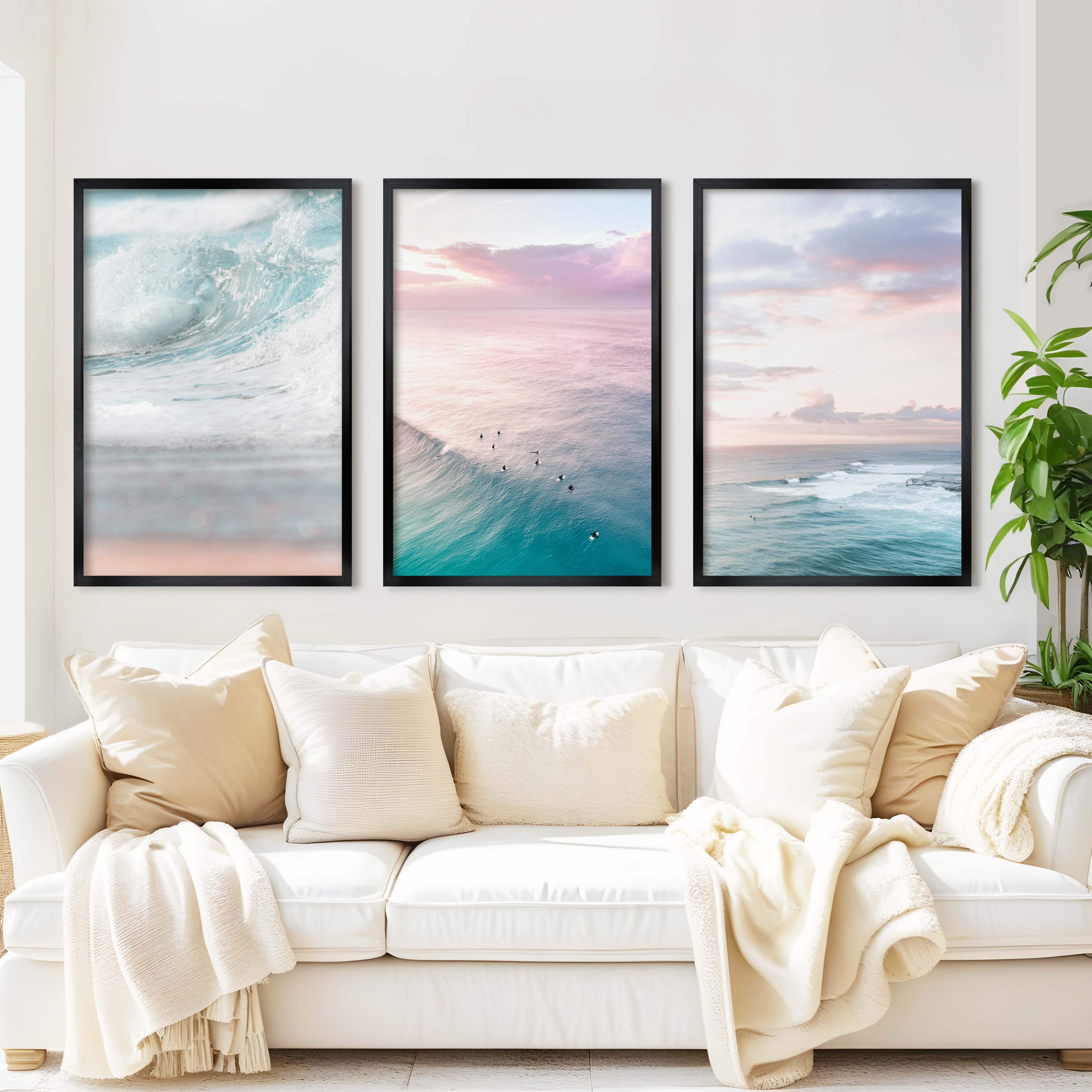 Neutral Ocean Wall Art Set – Serene Seascape Prints (3 Pieces) - Black Framed Poster No Border - Artworksets