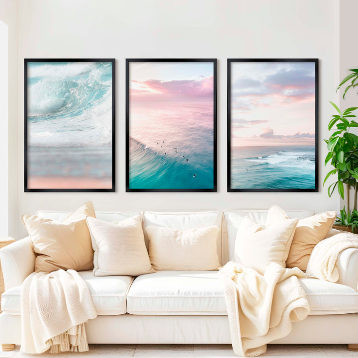 Neutral Ocean Wall Art Set – Serene Seascape Prints (3 Pieces) - Black Framed Poster No Border - Artworksets