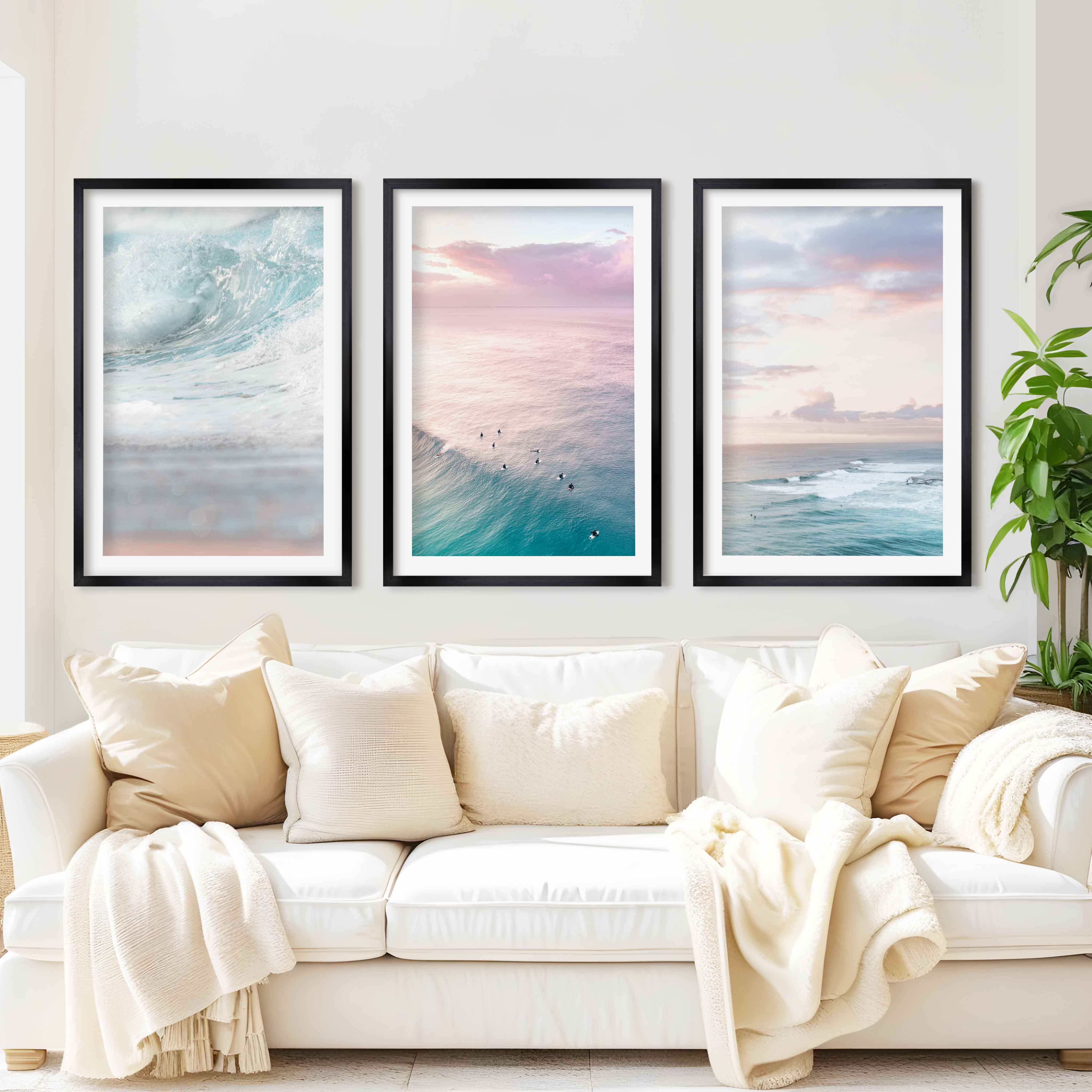 Neutral Ocean Wall Art Set – Serene Seascape Prints (3 Pieces) - Black Framed Poster with White Border - Artworksets