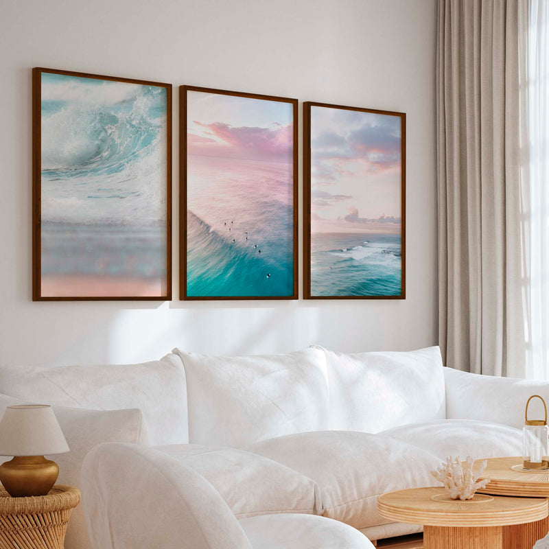 Neutral Ocean Wall Art Set – Serene Seascape Prints (3 Pieces) - Dark Brown Framed Poster No Border - Artworksets
