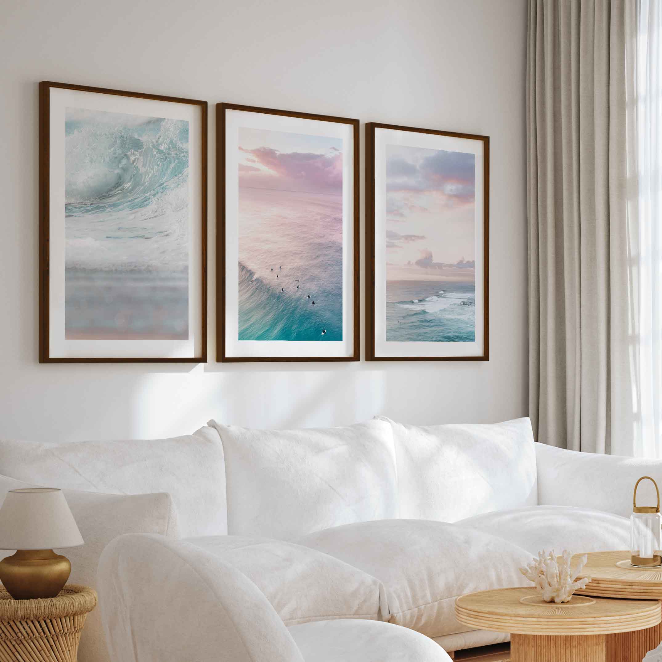 Neutral Ocean Wall Art Set – Serene Seascape Prints (3 Pieces) - Dark Brown Framed Poster with White Border - Artworksets
