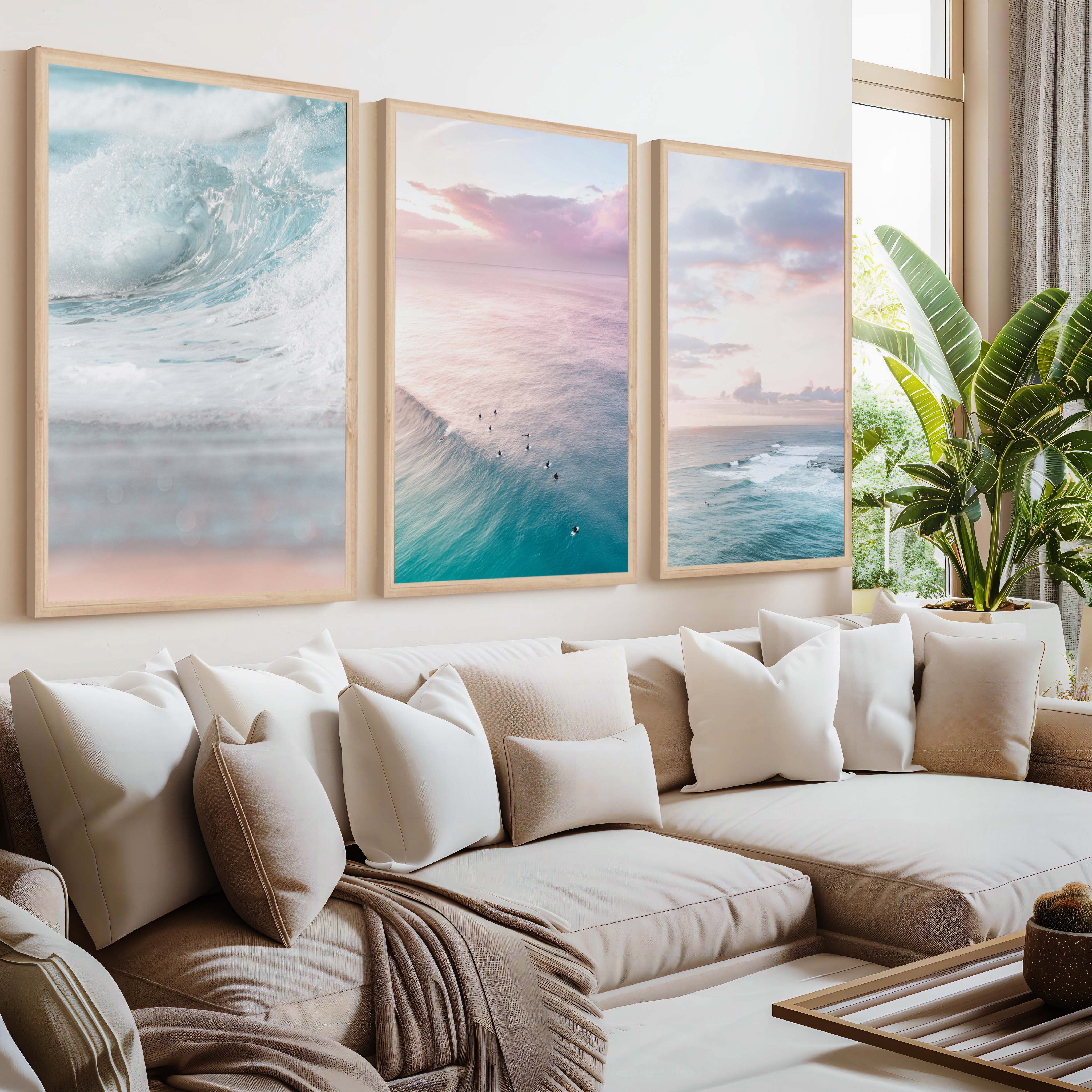 Neutral Ocean Wall Art Set – Serene Seascape Prints (3 Pieces) - Natural Wood Framed Poster No Border - Artworksets