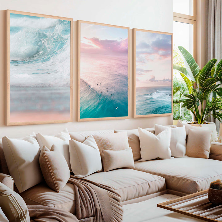 Neutral Ocean Wall Art Set – Serene Seascape Prints (3 Pieces) - Natural Wood Framed Poster No Border - Artworksets