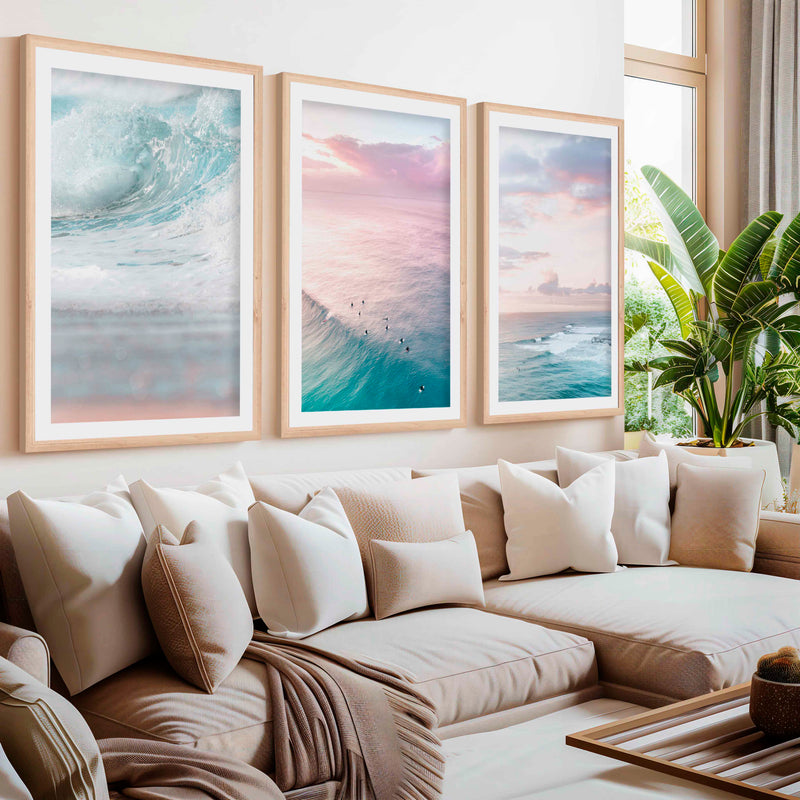 Neutral Ocean Wall Art Set – Serene Seascape Prints (3 Pieces)- Natural Wood Framed Poster with White Border - Artworksets