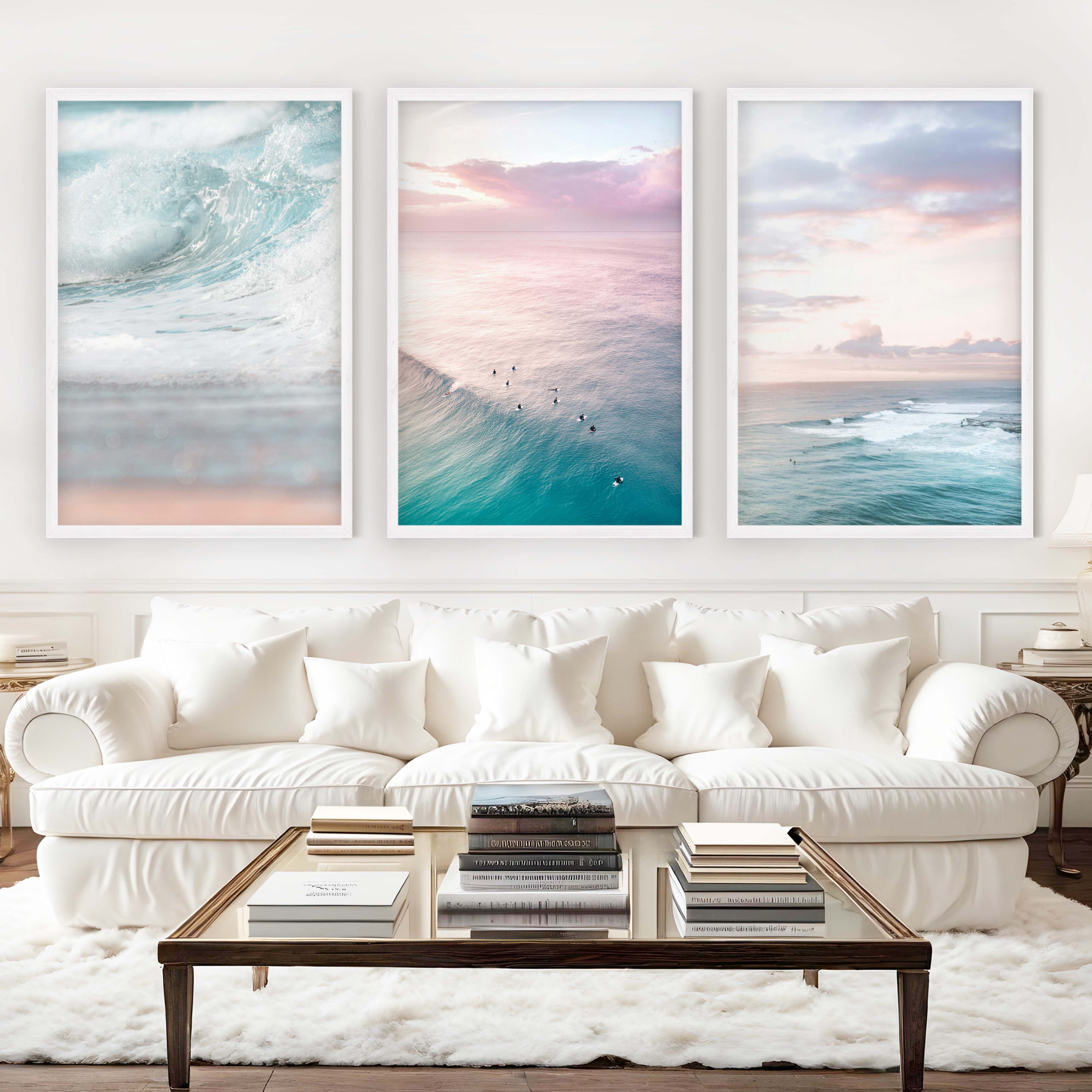 Neutral Ocean Wall Art Set – Serene Seascape Prints (3 Pieces) - White Framed Poster No Border - Artworksets