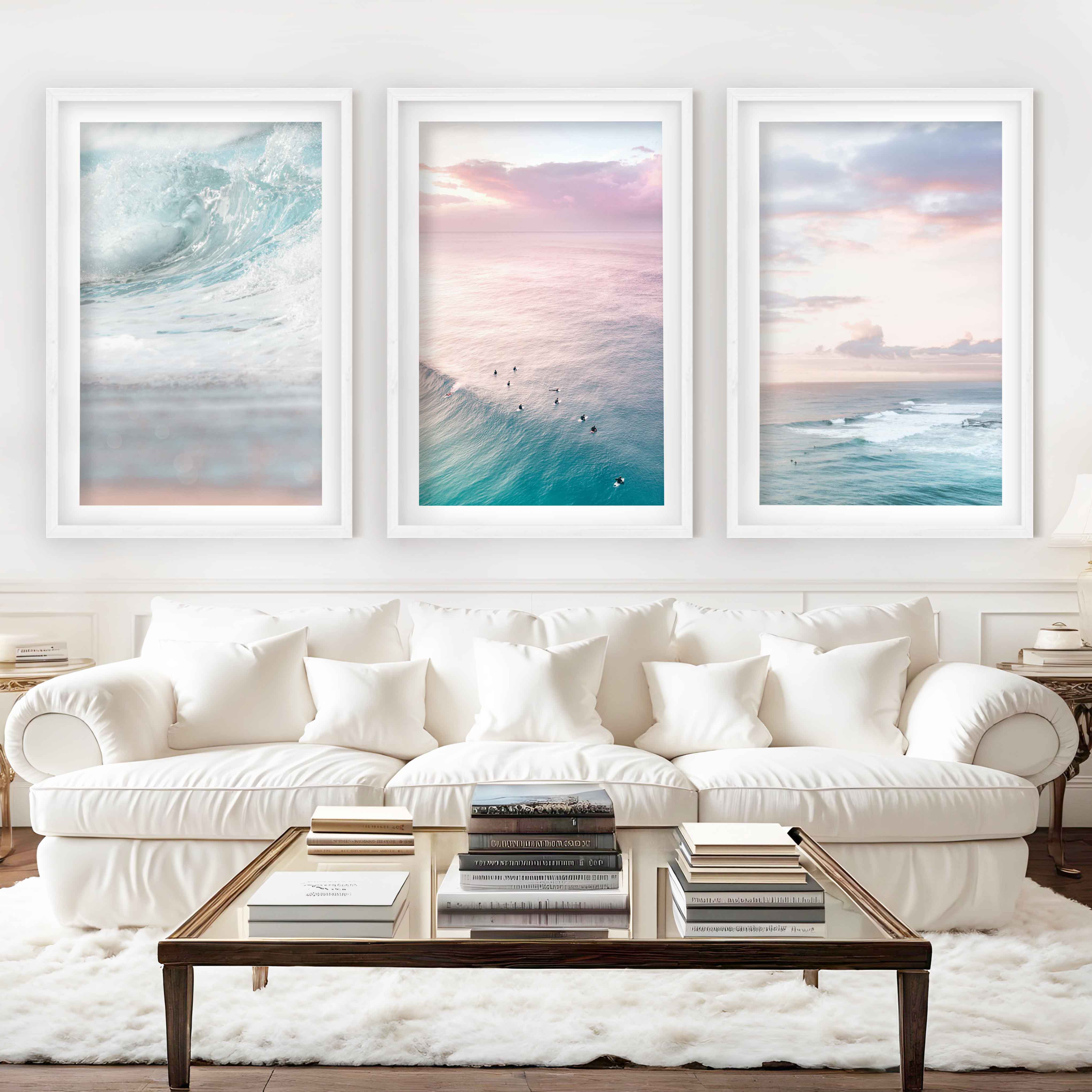 Neutral Ocean Wall Art Set – Serene Seascape Prints (3 Pieces) - White Framed Poster with White Border - Artworksets
