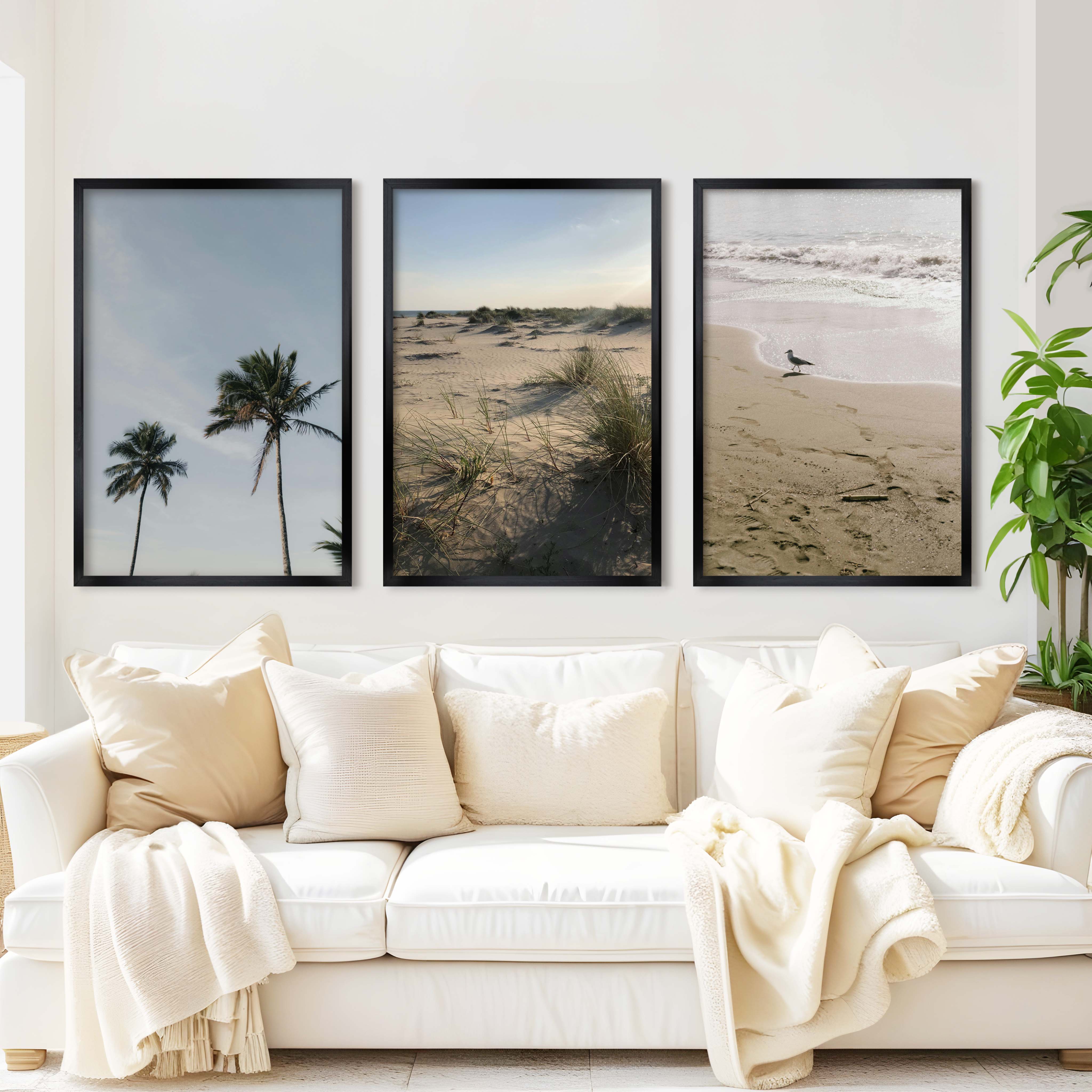 Set of 3 Beach Paintings – Coastal Nature Wall Art - Black Framed Poster No Border - Artworksets