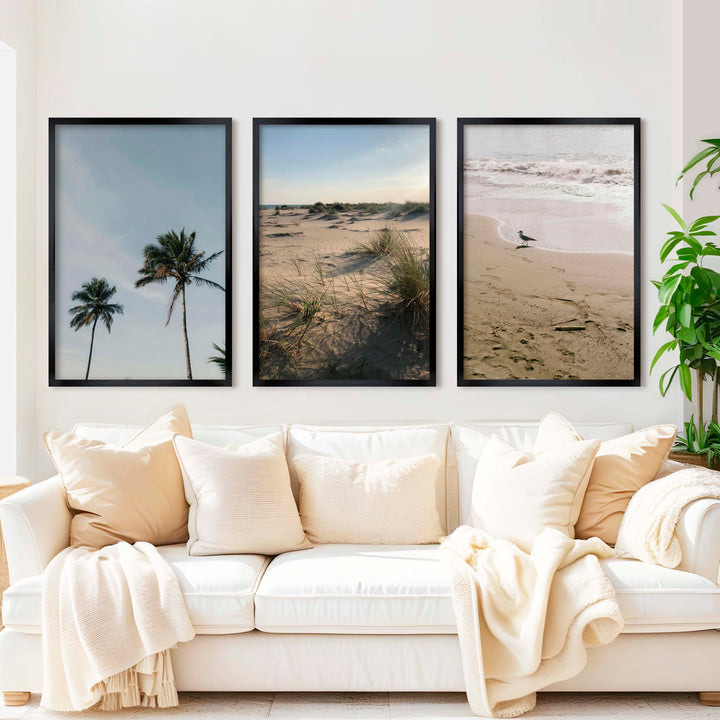 Set of 3 Beach Paintings – Coastal Nature Wall Art - Black Framed Poster No Border - Artworksets
