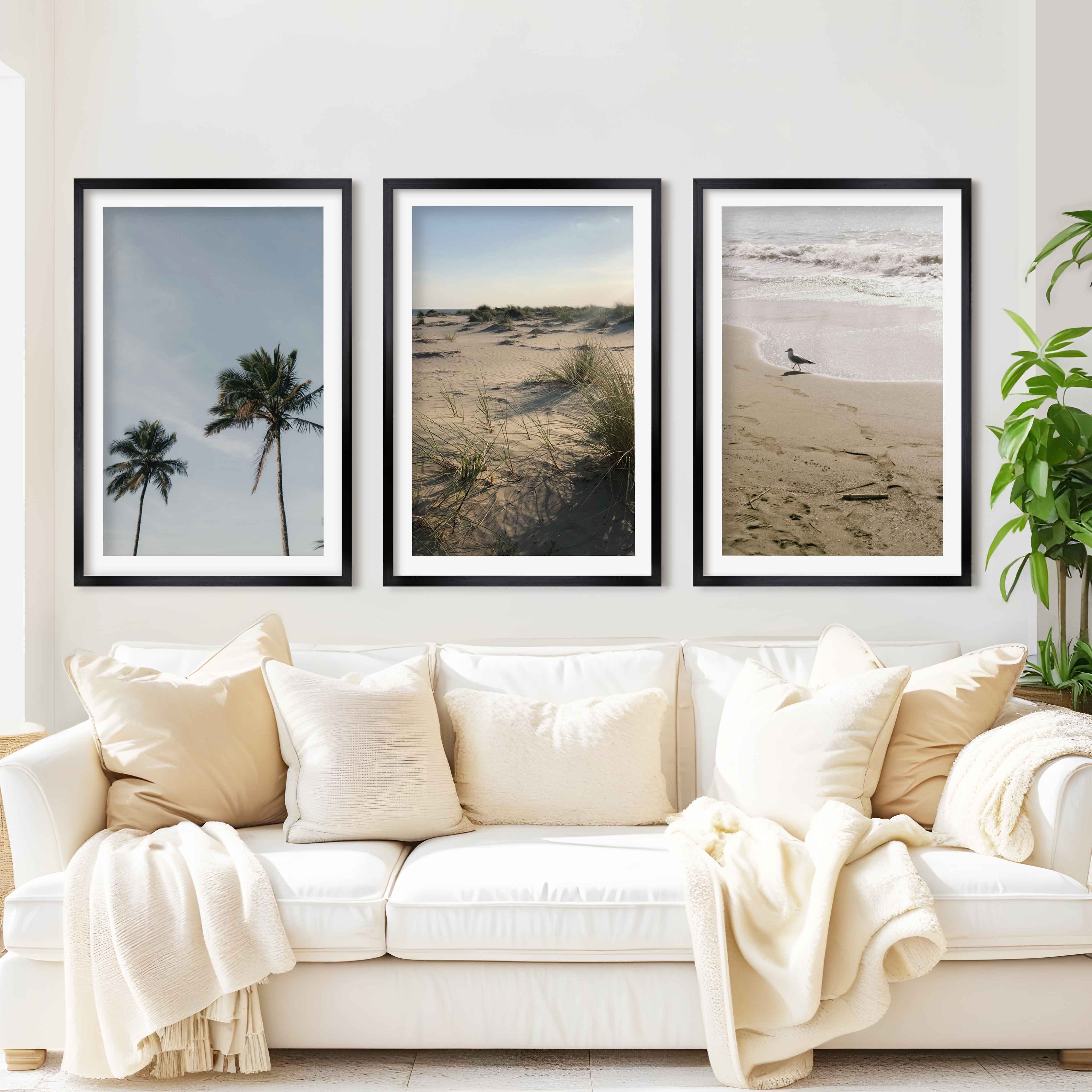 Set of 3 Beach Paintings – Coastal Nature Wall Art - Black Framed Poster with White Border - Artworksets