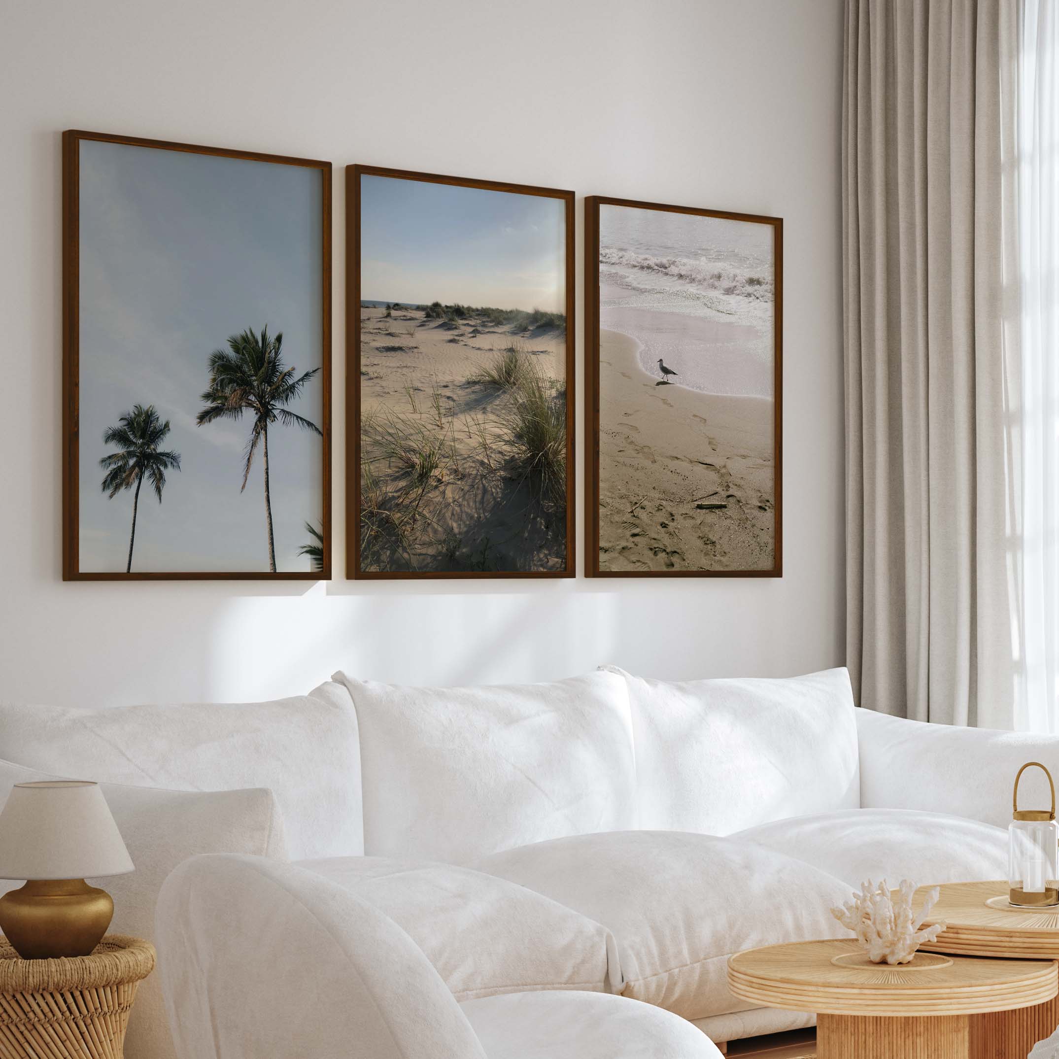 Set of 3 Beach Paintings – Coastal Nature Wall Art - Dark Brown Framed Poster No Border - Artworksets