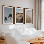 Set of 3 Beach Paintings – Coastal Nature Wall Art - Dark Brown Framed Poster with White Border - Artworksets