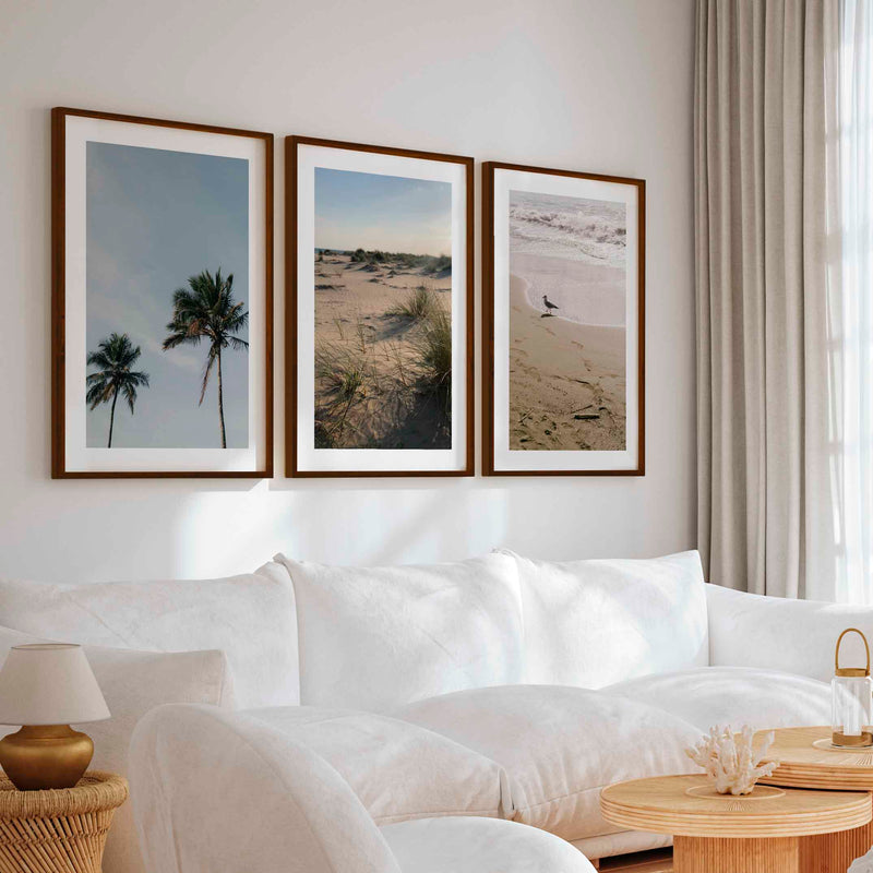 Set of 3 Beach Paintings – Coastal Nature Wall Art - Dark Brown Framed Poster with White Border - Artworksets