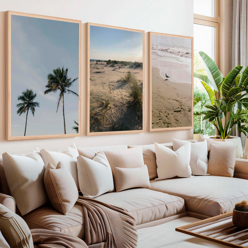 Set of 3 Beach Paintings – Coastal Nature Wall Art - Natural Wood Framed Poster No Border - Artworksets