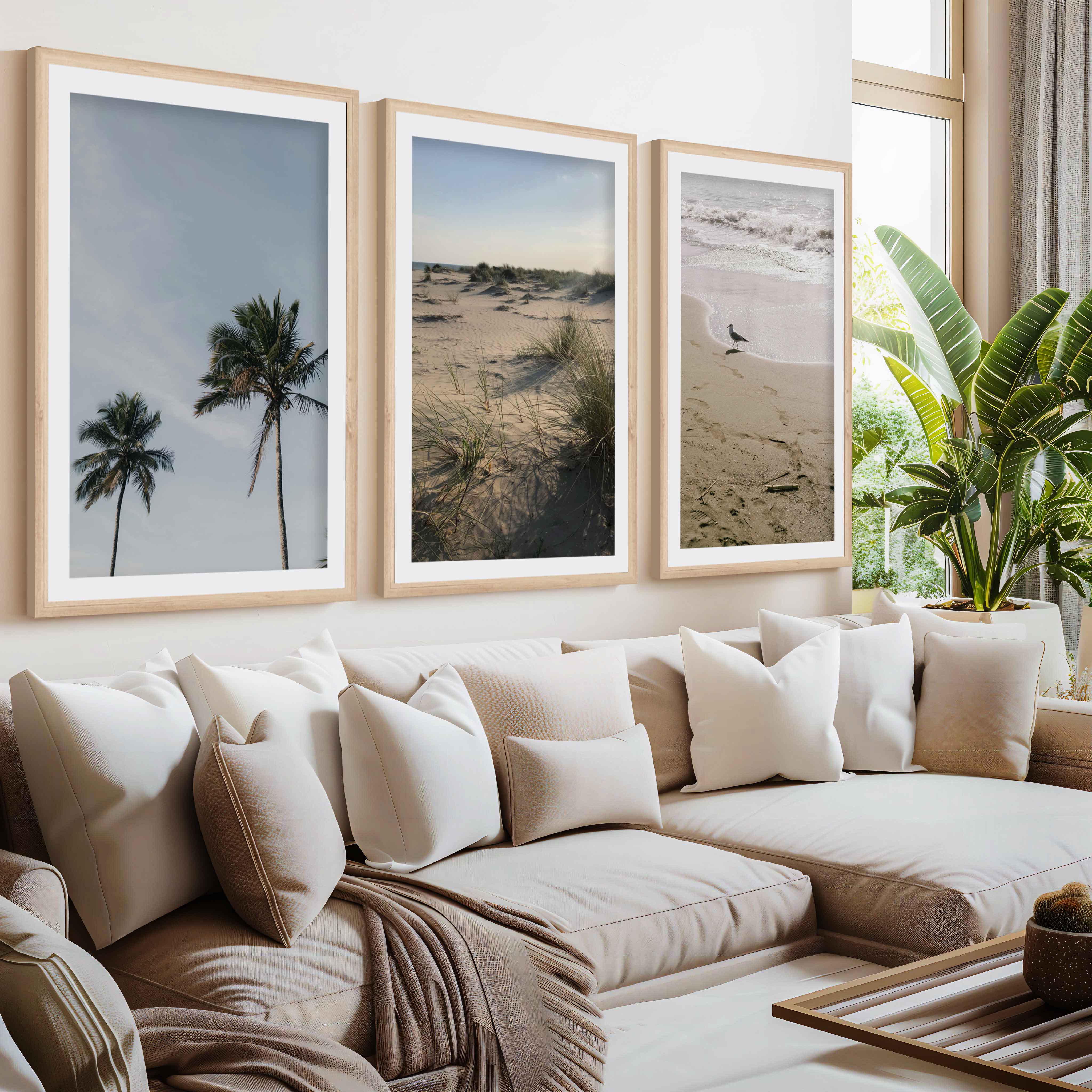 Set of 3 Beach Paintings – Coastal Nature Wall Art- Natural Wood Framed Poster with White Border - Artworksets