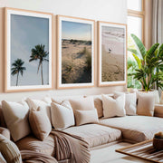 Set of 3 Beach Paintings – Coastal Nature Wall Art- Natural Wood Framed Poster with White Border - Artworksets
