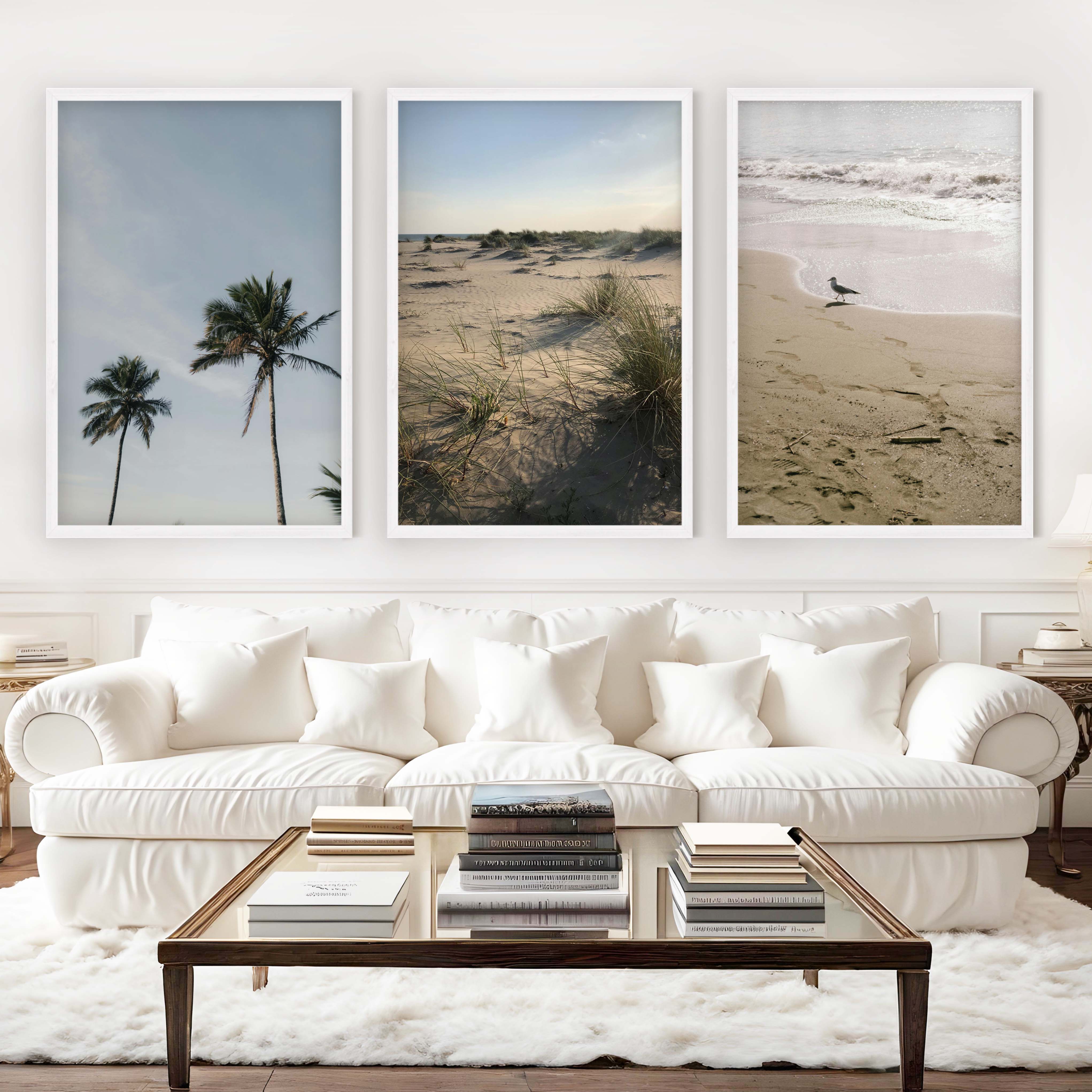Set of 3 Beach Paintings – Coastal Nature Wall Art - White Framed Poster No Border - Artworksets