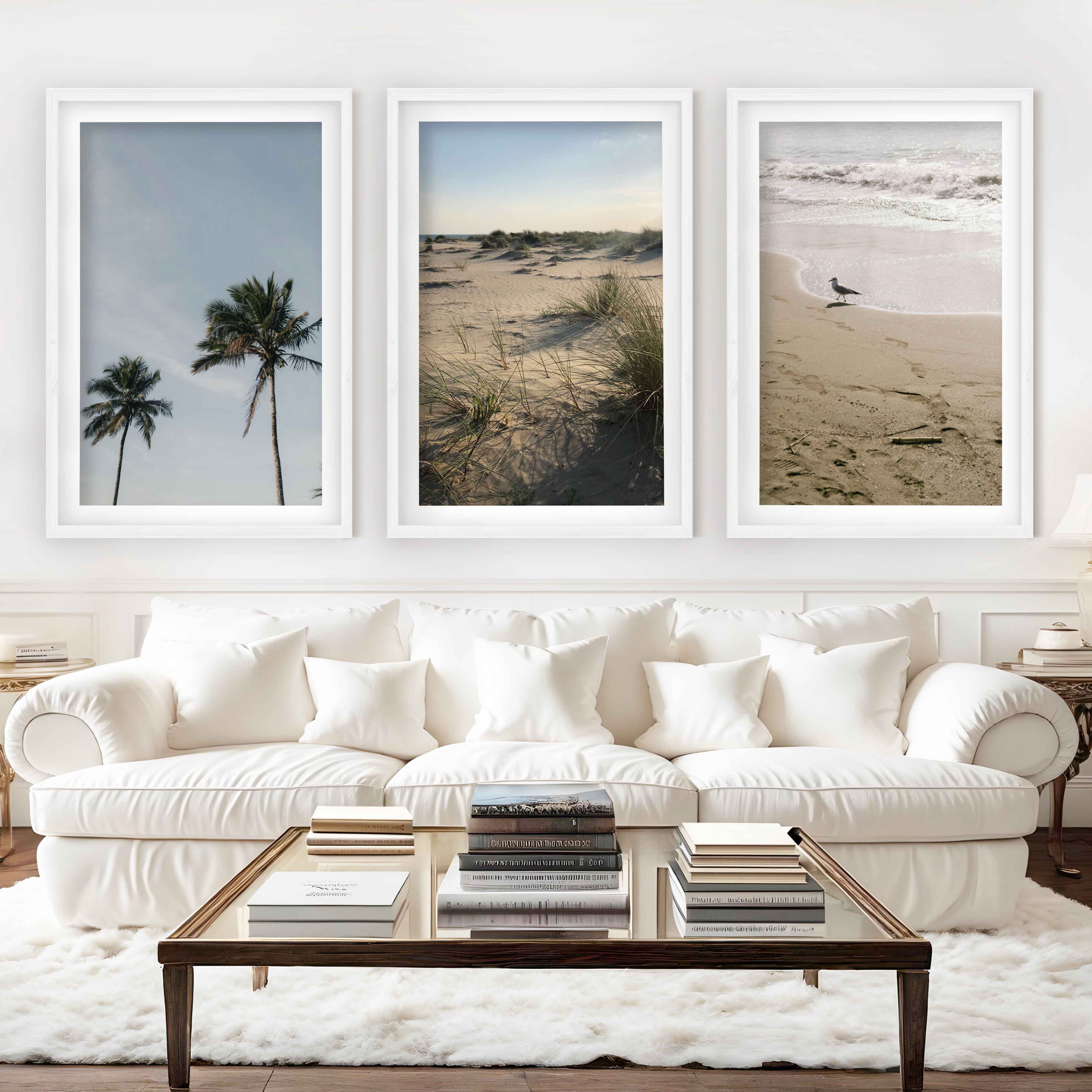 Set of 3 Beach Paintings – Coastal Nature Wall Art - White Framed Poster with White Border - Artworksets