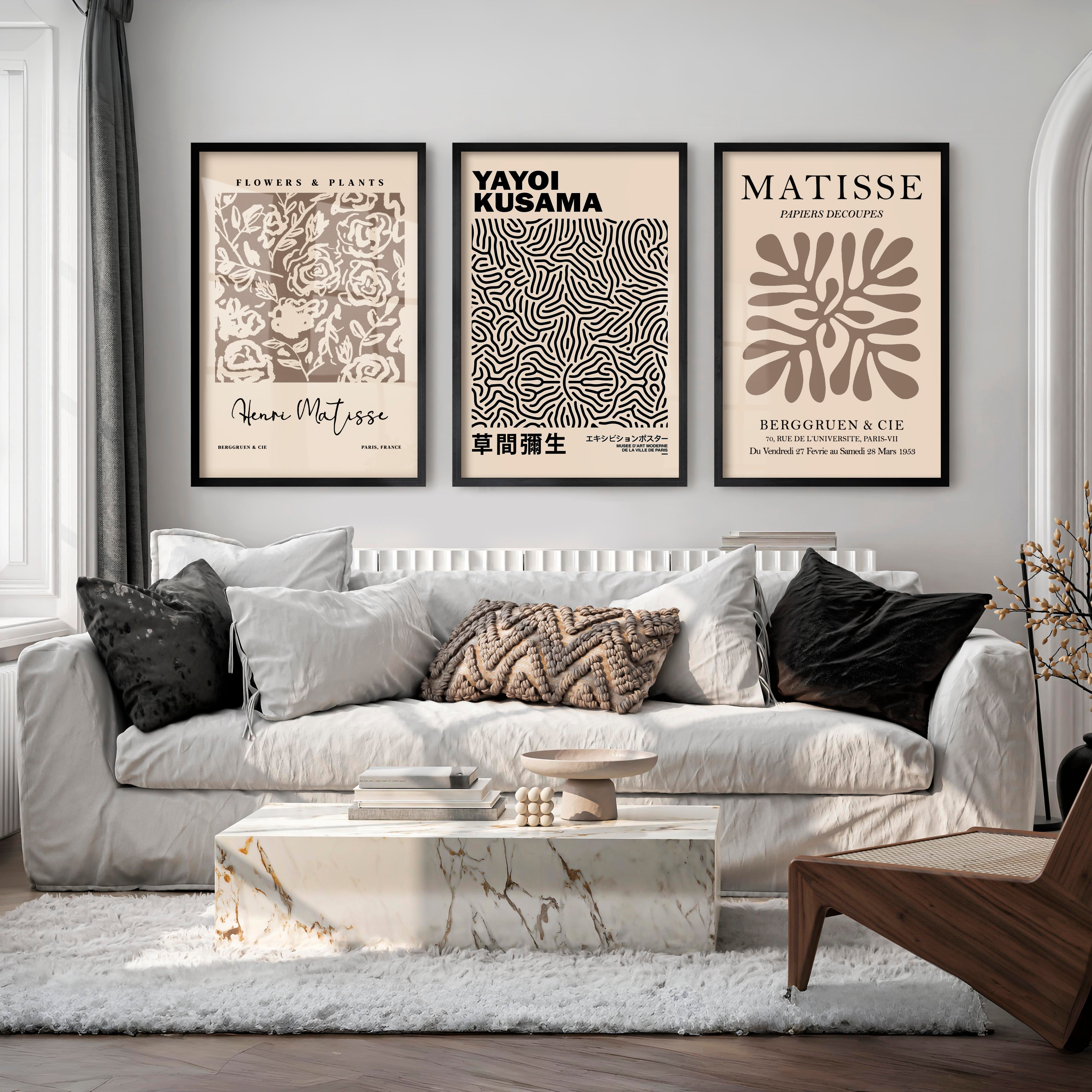Set of 3 Pastel Beige Prints Henri Matisse and Yayoi Kusama - Black Framed Poster No Border - Artworksets