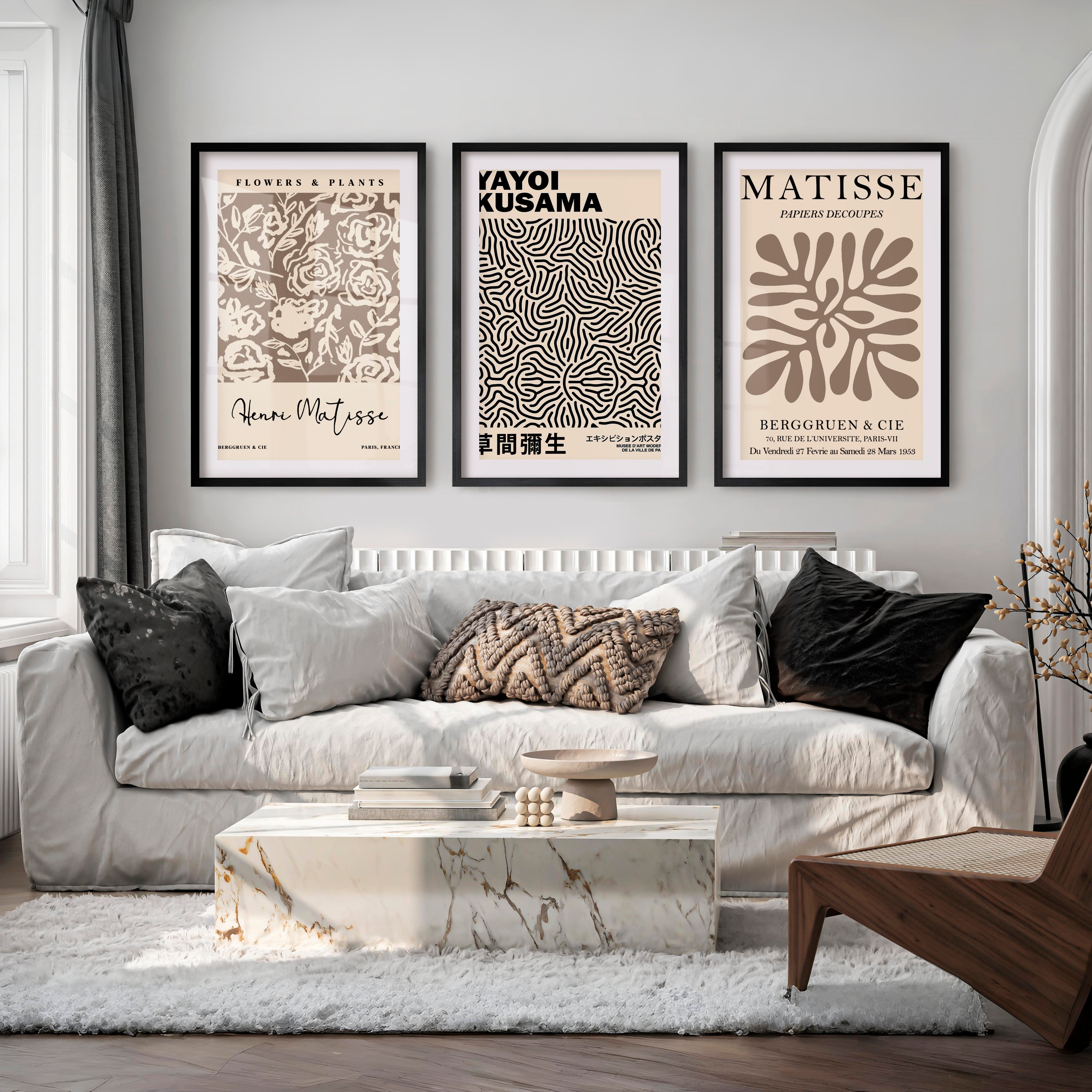 Set of 3 Pastel Beige Prints Henri Matisse and Yayoi Kusama - Black Framed Poster with White Border - Artworksets