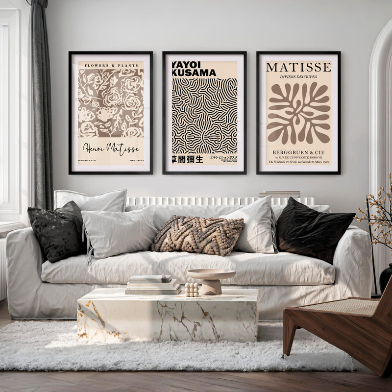 Set of 3 Pastel Beige Prints Henri Matisse and Yayoi Kusama - Black Framed Poster with White Border - Artworksets