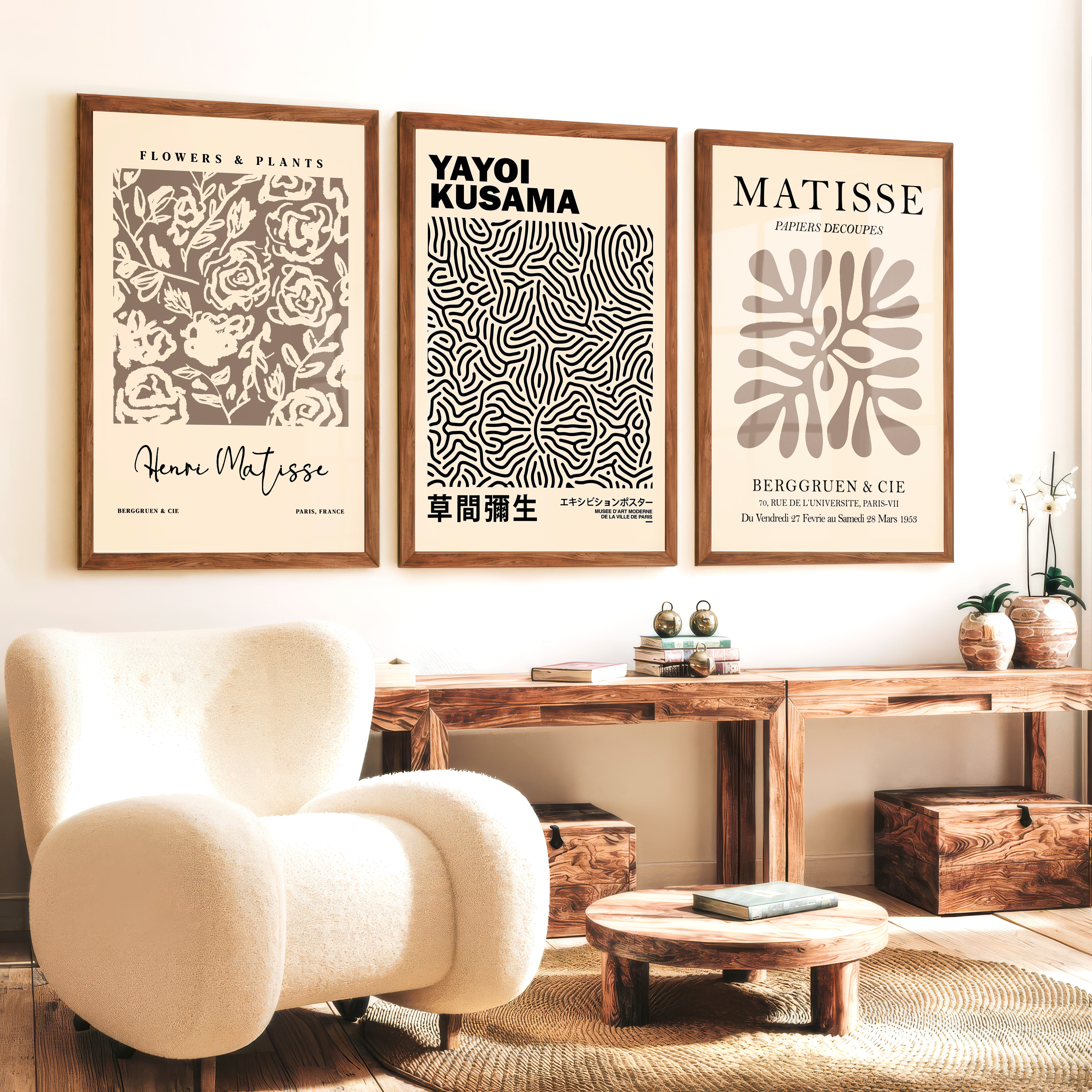 Set of 3 Pastel Beige Prints Henri Matisse and Yayoi Kusama - Dark Brown Framed Poster No Border - Artworksets