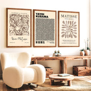 Set of 3 Pastel Beige Prints Henri Matisse and Yayoi Kusama - Dark Brown Framed Poster No Border - Artworksets
