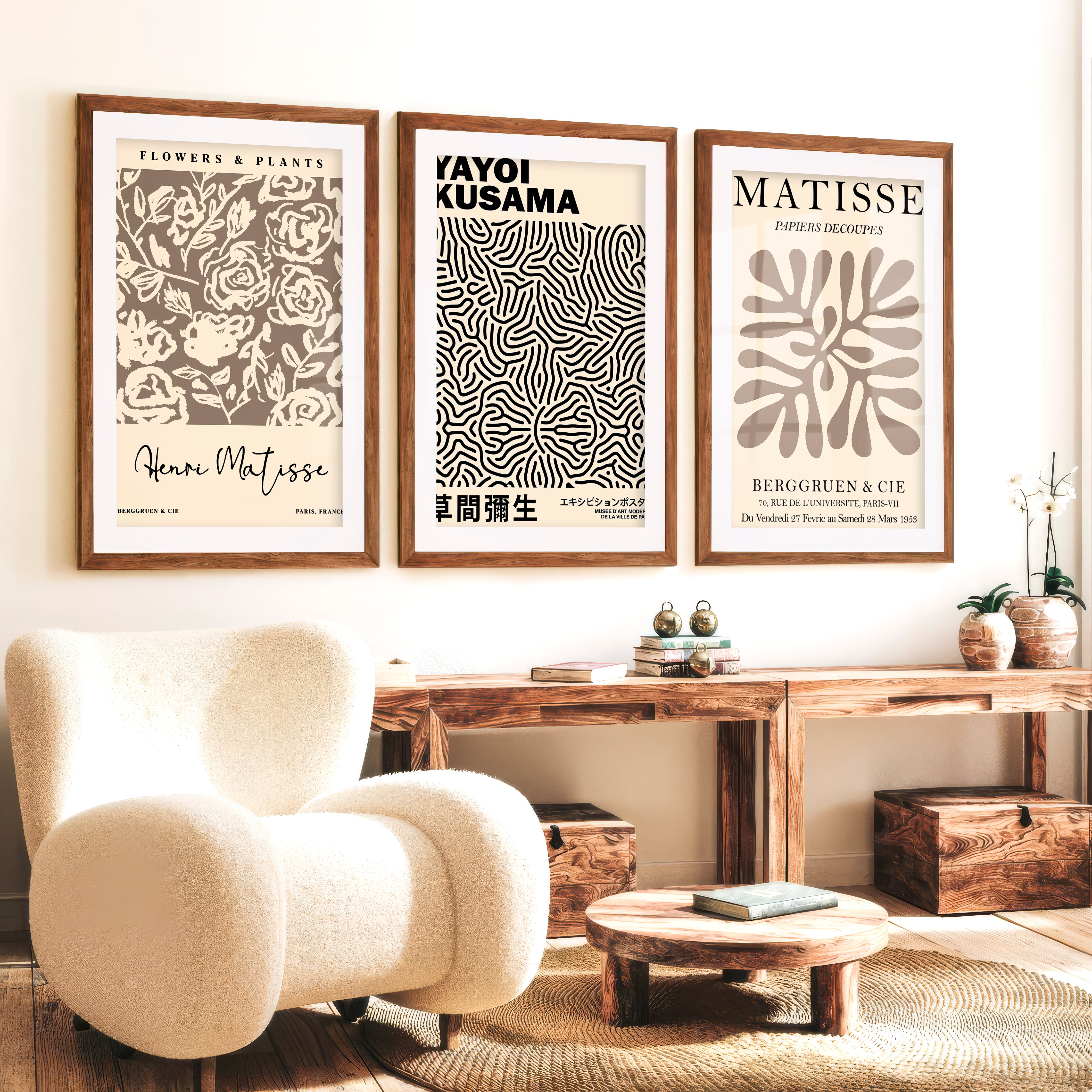 Set of 3 Pastel Beige Prints Henri Matisse and Yayoi Kusama - Dark Brown Framed Poster with White Border - Artworksets