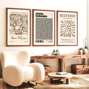 Set of 3 Pastel Beige Prints Henri Matisse and Yayoi Kusama - Dark Brown Framed Poster with White Border - Artworksets