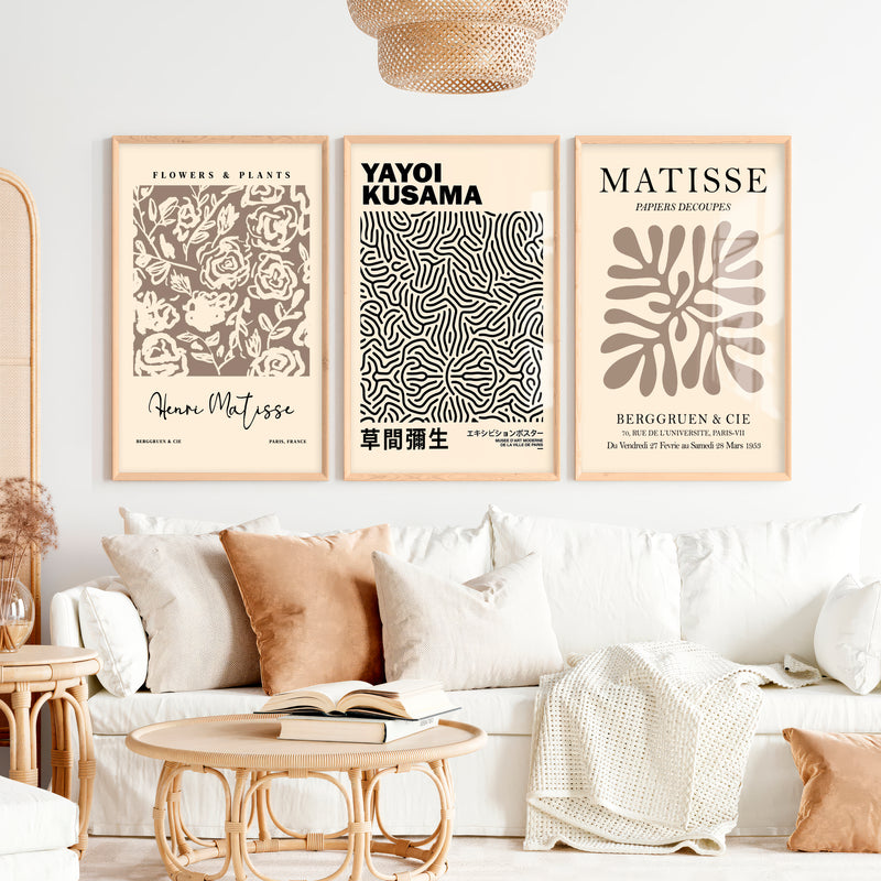Set of 3 Pastel Beige Prints Henri Matisse and Yayoi Kusama - Natural Wood Framed Poster No Border - Artworksets