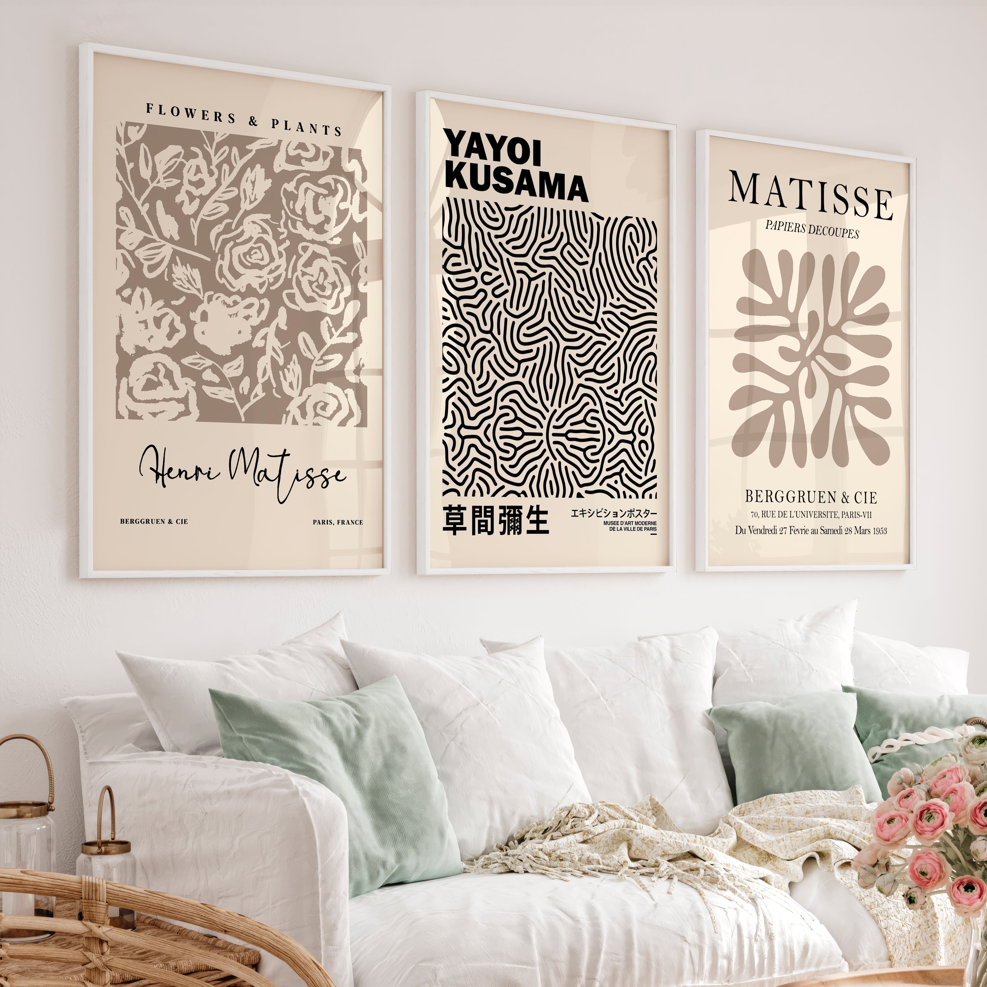 Set of 3 Pastel Beige Prints Henri Matisse and Yayoi Kusama - White Framed Poster No Border - Artworksets