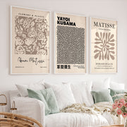 Set of 3 Pastel Beige Prints Henri Matisse and Yayoi Kusama - White Framed Poster No Border - Artworksets