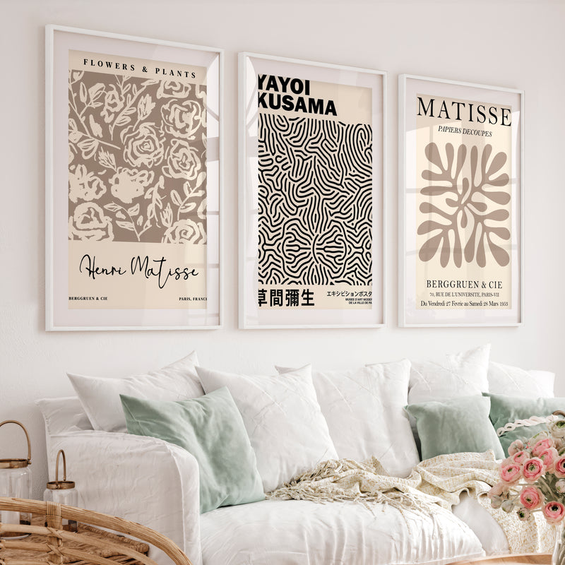 Set of 3 Pastel Beige Prints Henri Matisse and Yayoi Kusama - White Framed Poster with White Border - Artworksets