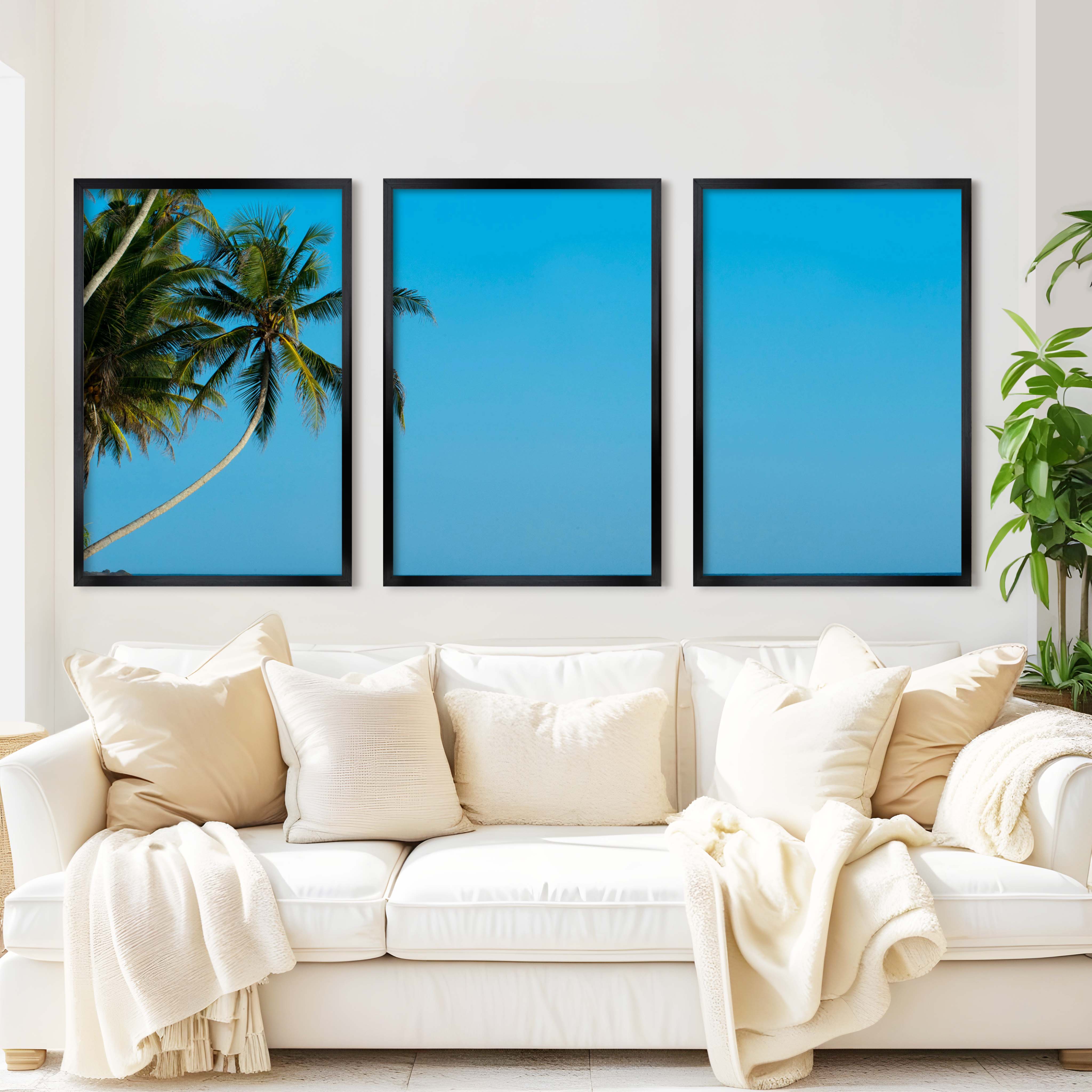 Set of 3 Wall Art – Tropical Palm Trees and Calm Blue Sea - Black Framed Poster No Border - Artworksets