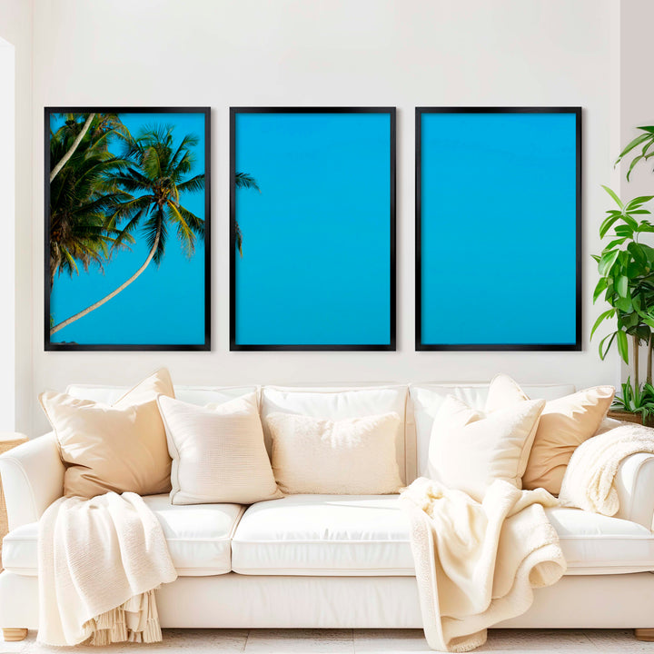 Set of 3 Wall Art – Tropical Palm Trees and Calm Blue Sea - Black Framed Poster No Border - Artworksets