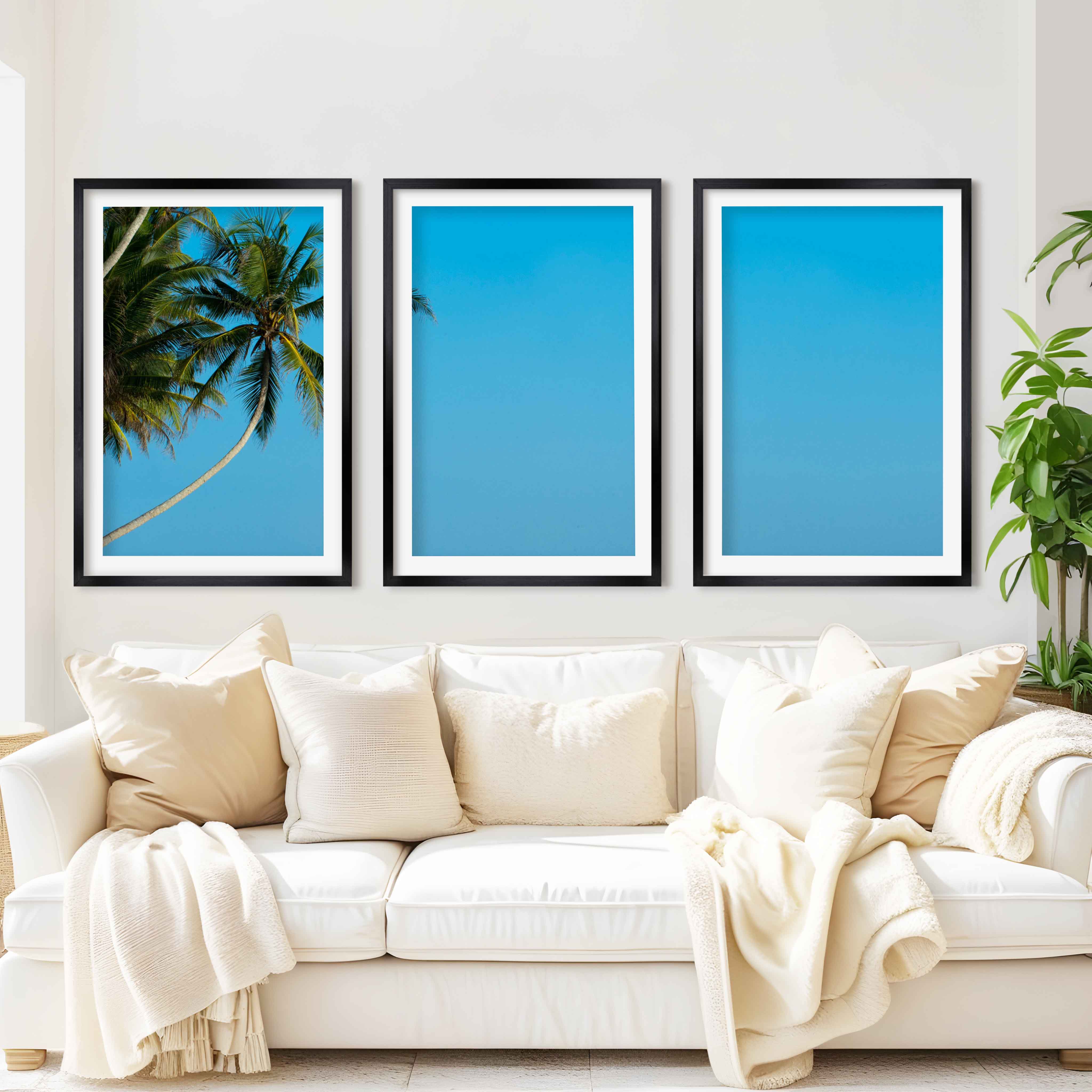 Set of 3 Wall Art – Tropical Palm Trees and Calm Blue Sea - Black Framed Poster with White Border - Artworksets