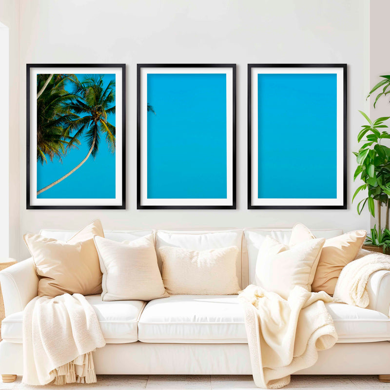 Set of 3 Wall Art – Tropical Palm Trees and Calm Blue Sea - Black Framed Poster with White Border - Artworksets