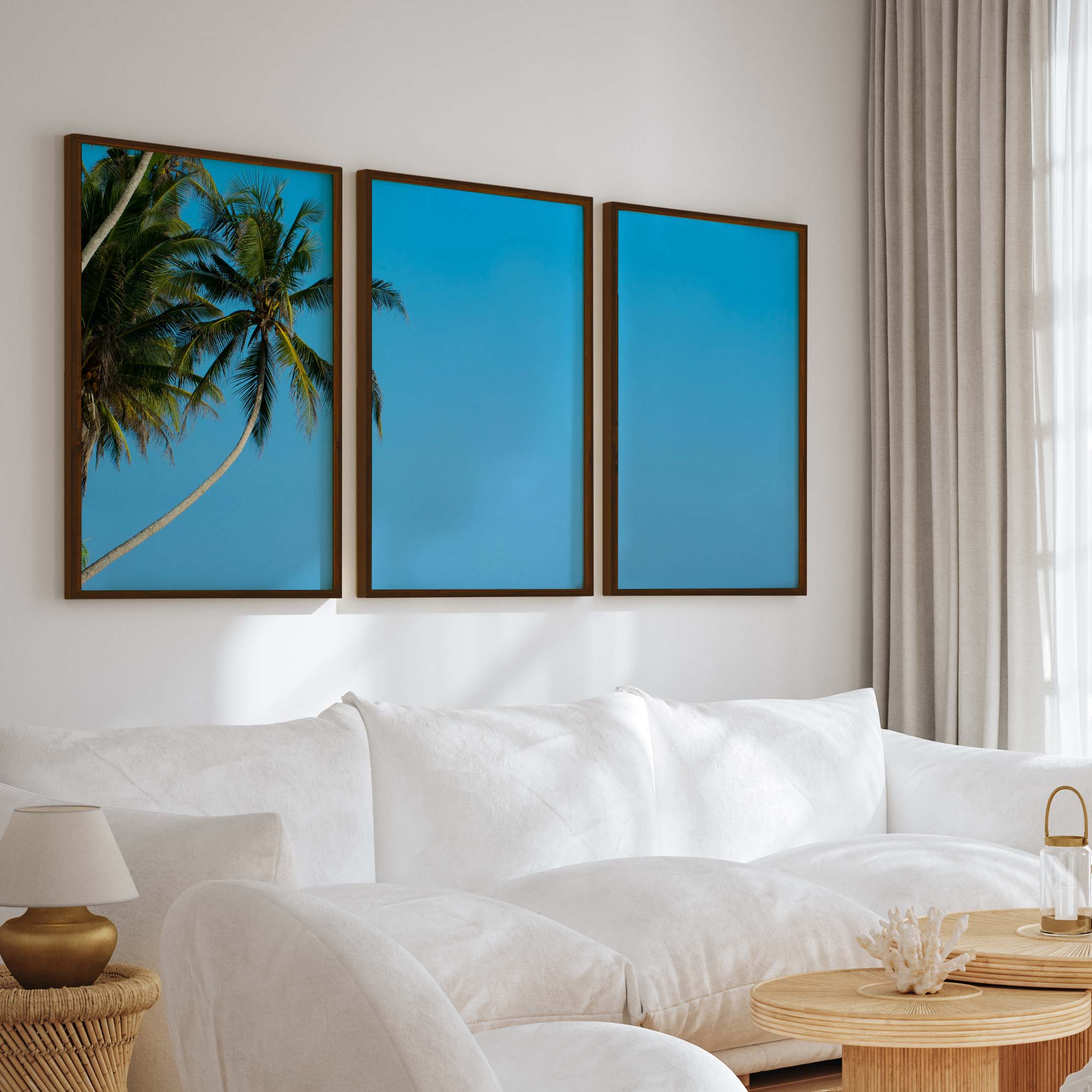 Set of 3 Wall Art – Tropical Palm Trees and Calm Blue Sea - Dark Brown Framed Poster No Border - Artworksets