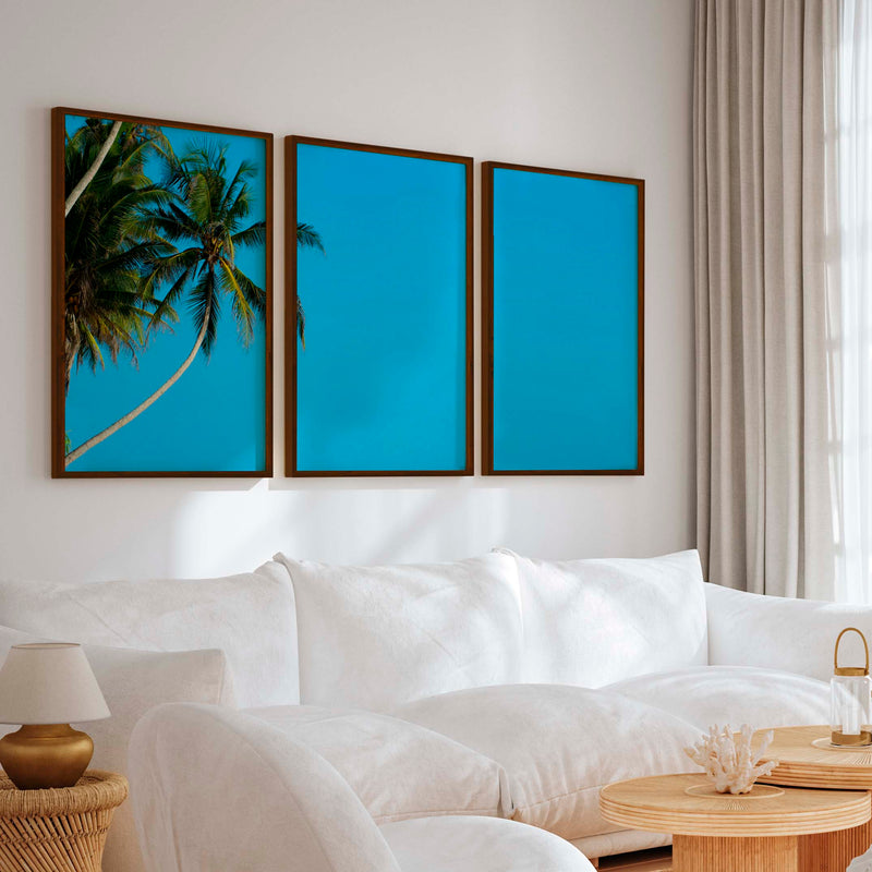 Set of 3 Wall Art – Tropical Palm Trees and Calm Blue Sea - Dark Brown Framed Poster No Border - Artworksets