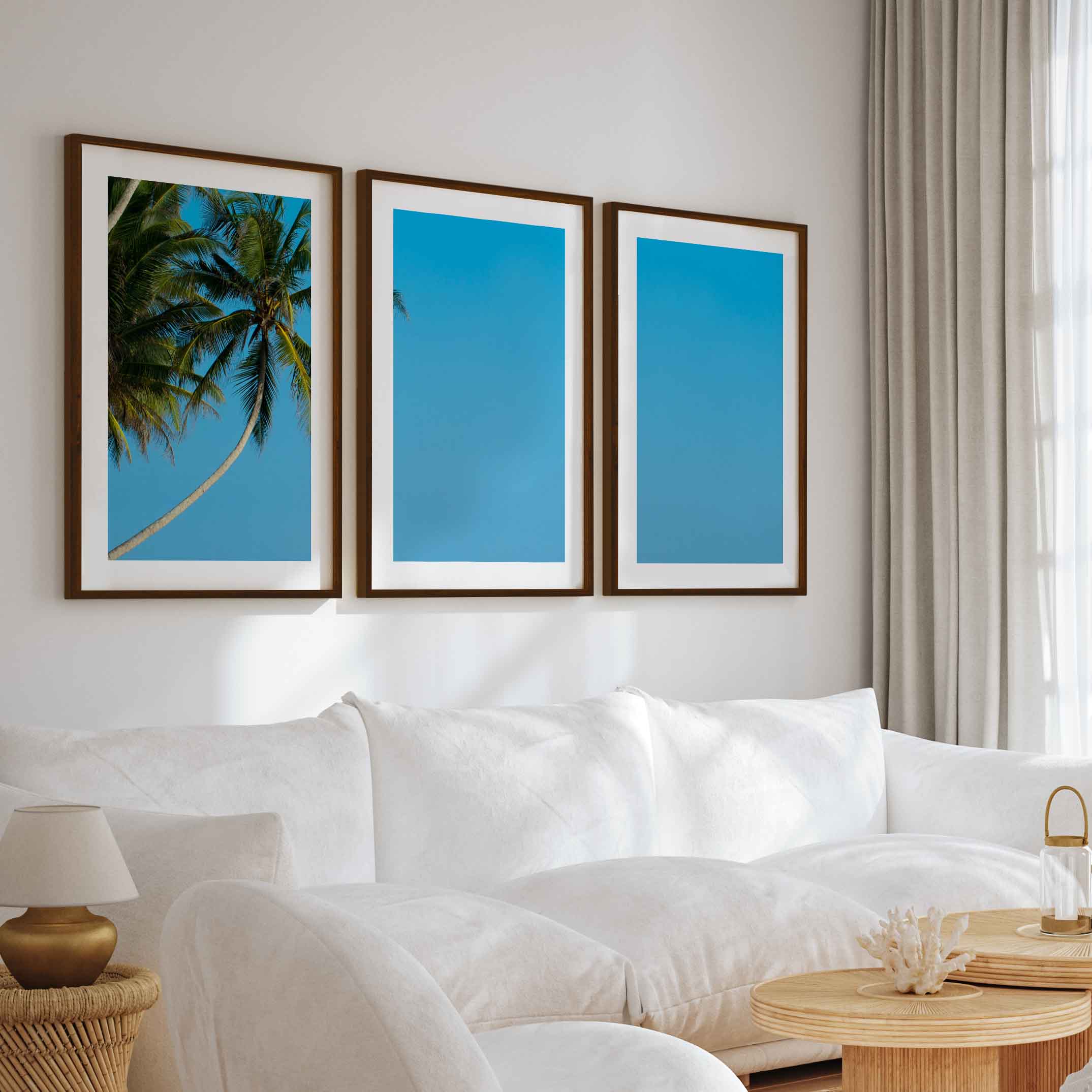 Set of 3 Wall Art – Tropical Palm Trees and Calm Blue Sea - Dark Brown Framed Poster with White Border - Artworksets