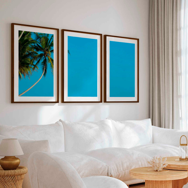 Set of 3 Wall Art – Tropical Palm Trees and Calm Blue Sea - Dark Brown Framed Poster with White Border - Artworksets