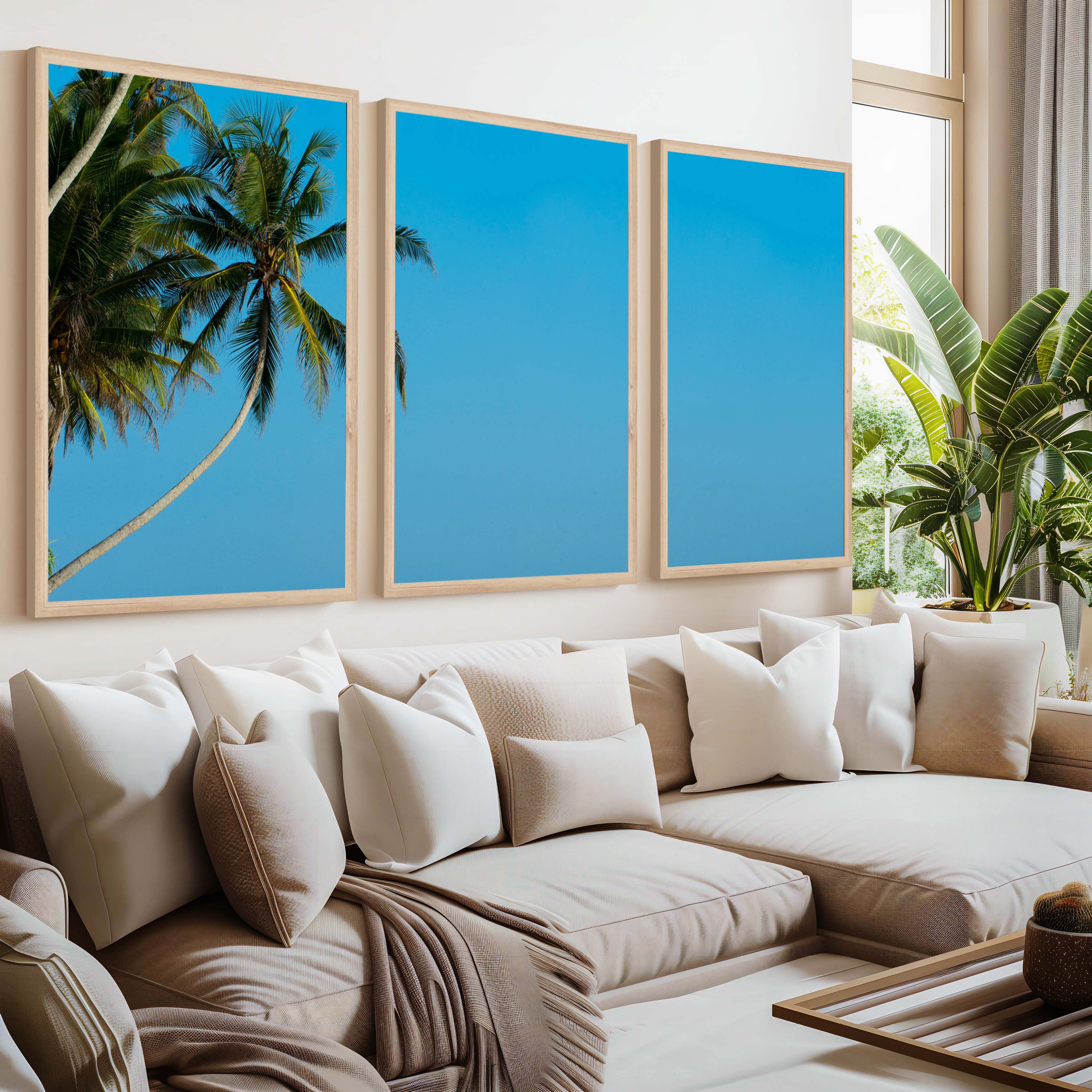 Set of 3 Wall Art – Tropical Palm Trees and Calm Blue Sea - Natural Wood Framed Poster No Border - Artworksets