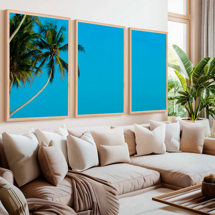 Set of 3 Wall Art – Tropical Palm Trees and Calm Blue Sea - Natural Wood Framed Poster No Border - Artworksets