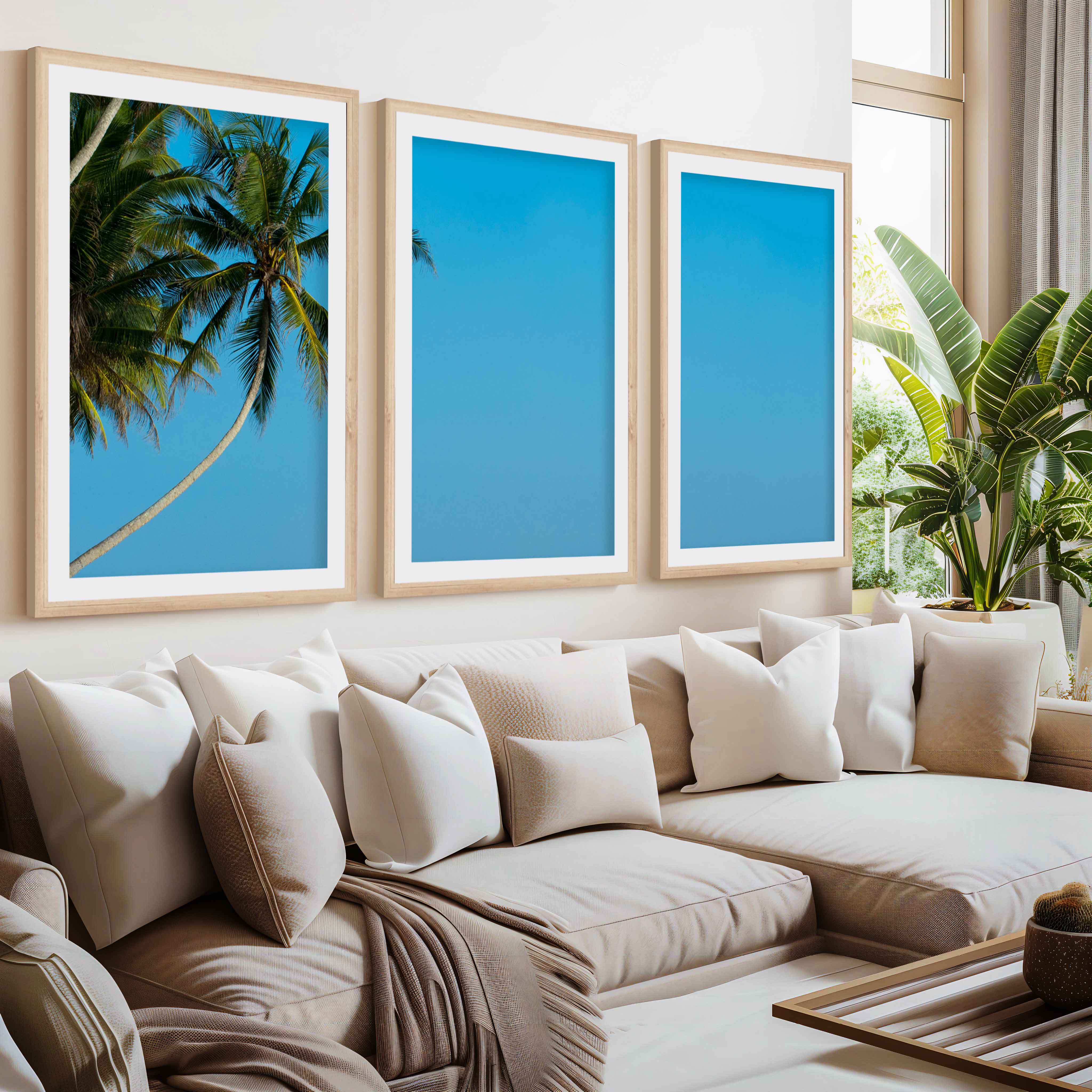 Set of 3 Wall Art – Tropical Palm Trees and Calm Blue Sea- Natural Wood Framed Poster with White Border - Artworksets