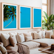 Set of 3 Wall Art – Tropical Palm Trees and Calm Blue Sea- Natural Wood Framed Poster with White Border - Artworksets