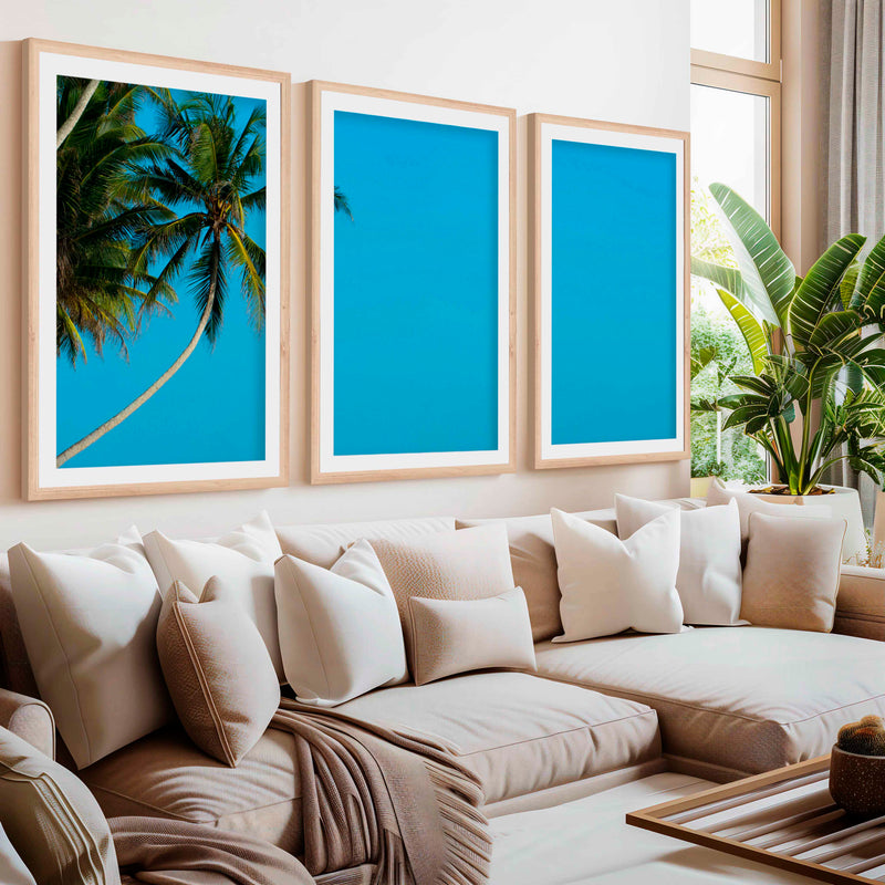Set of 3 Wall Art – Tropical Palm Trees and Calm Blue Sea- Natural Wood Framed Poster with White Border - Artworksets