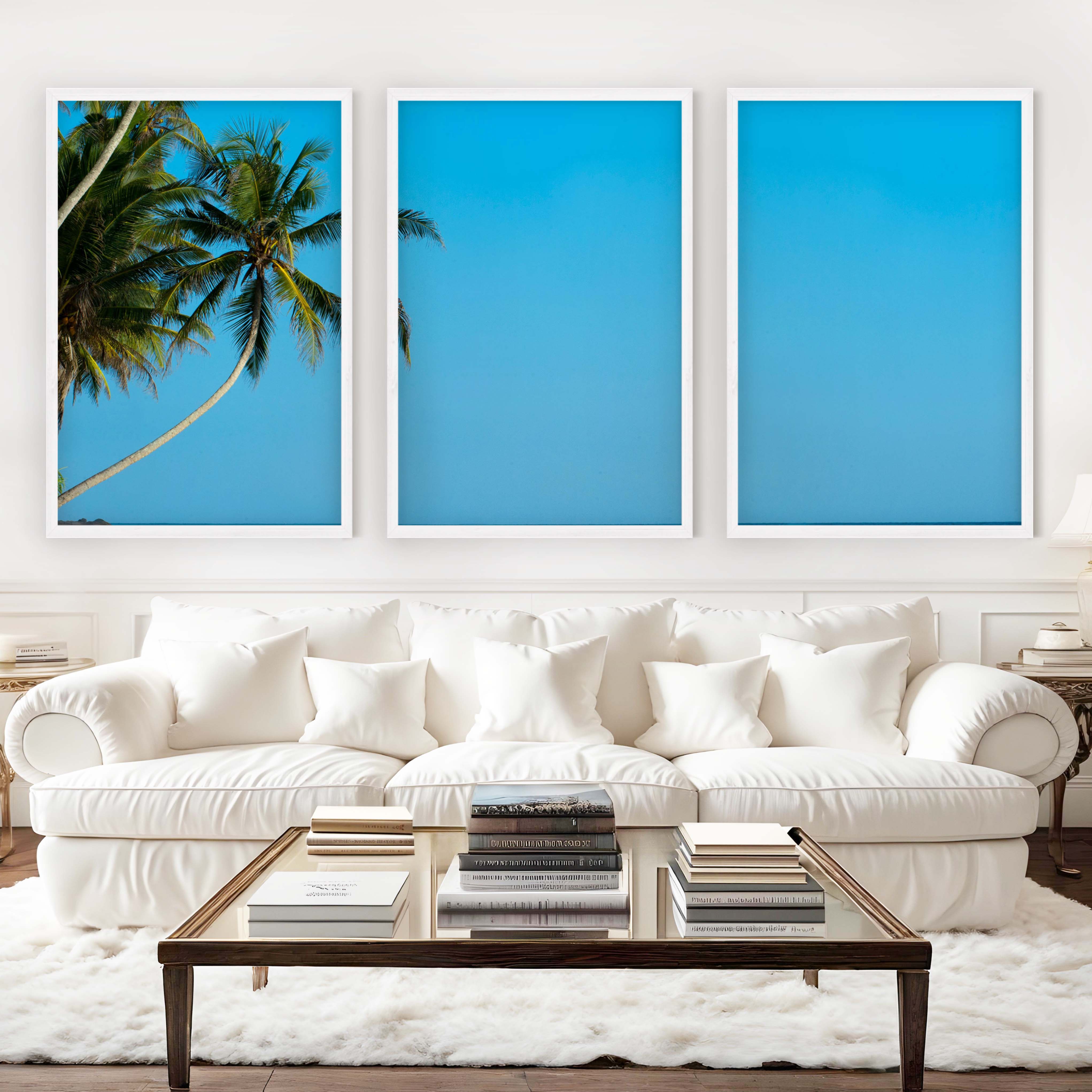 Set of 3 Wall Art – Tropical Palm Trees and Calm Blue Sea - White Framed Poster No Border - Artworksets