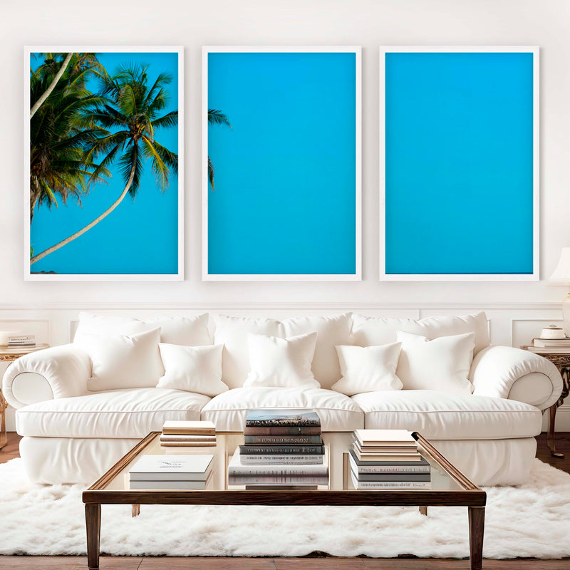 Set of 3 Wall Art – Tropical Palm Trees and Calm Blue Sea - White Framed Poster No Border - Artworksets